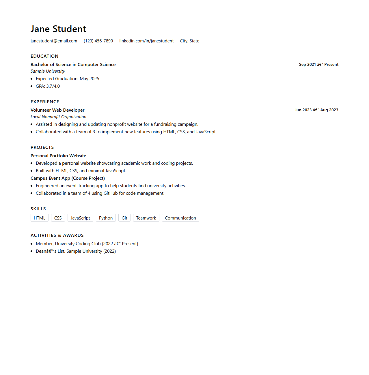 Minimalist Student Resume Template for Internship Use