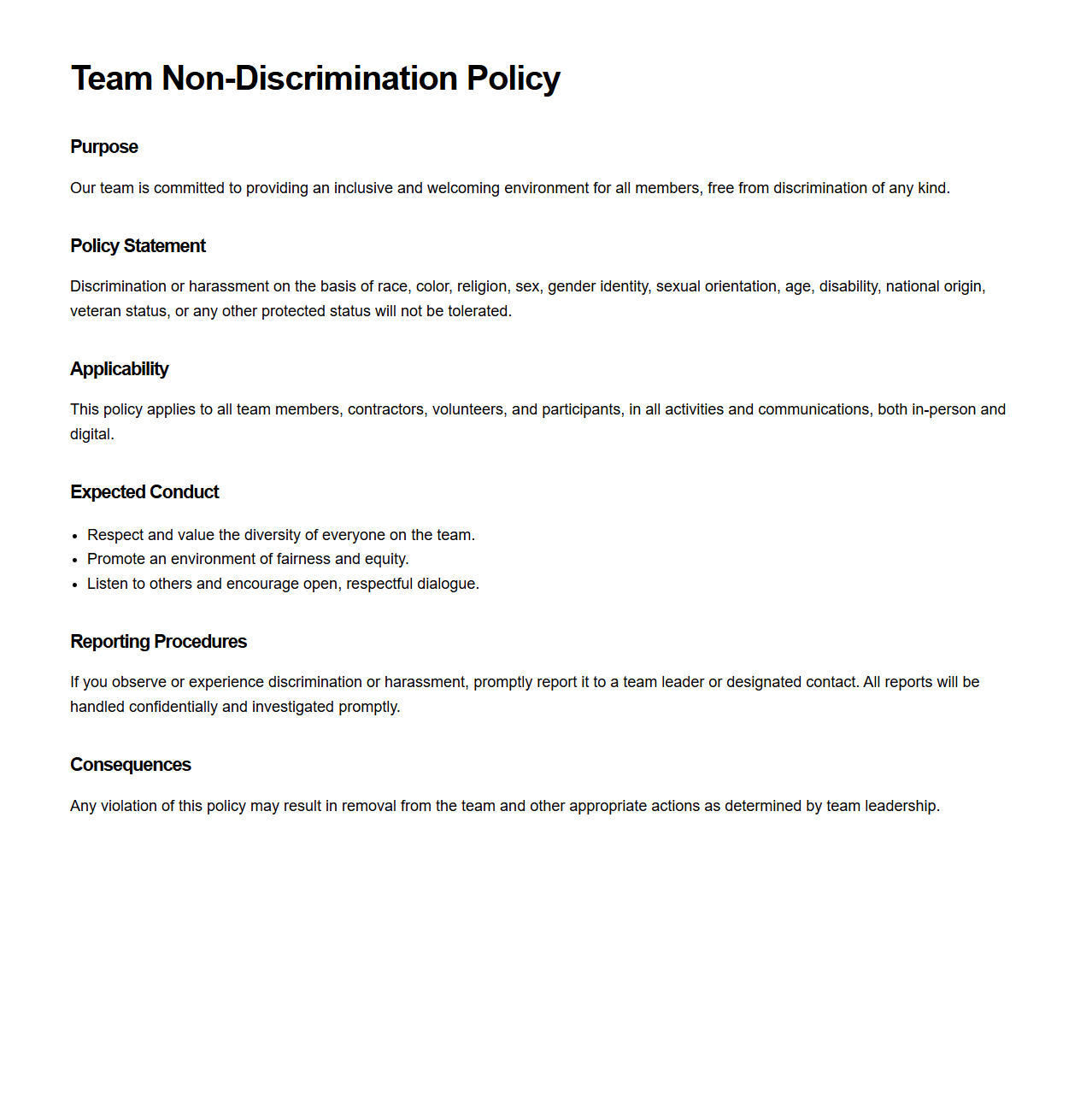 Minimalist Team Non-Discrimination Policy Sheet