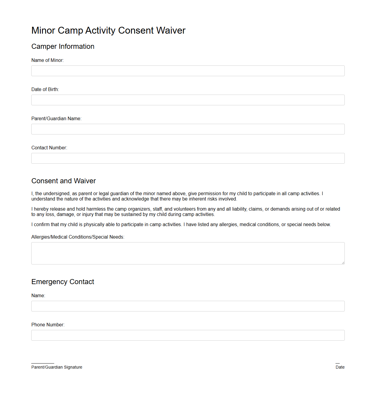 Minor Camp Activity Consent Waiver