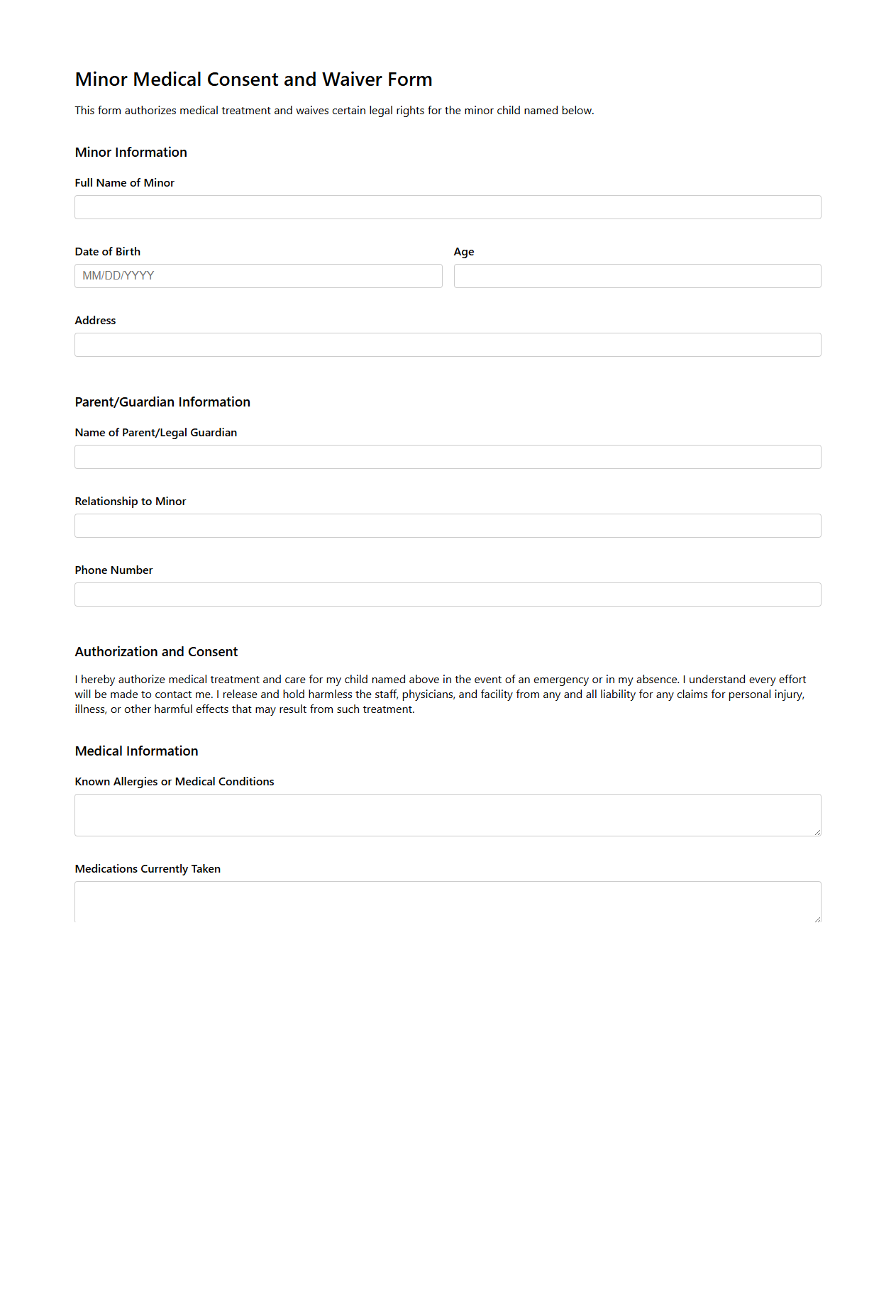 Minor Medical Consent and Waiver Form