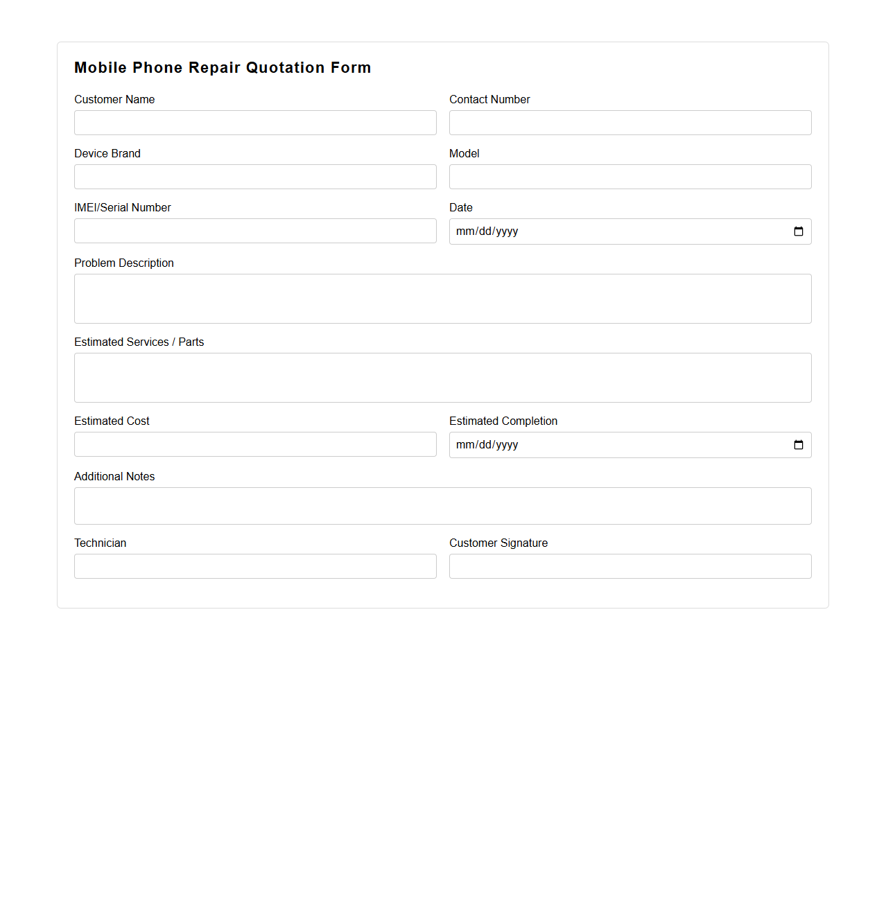 Mobile Phone Repair Quotation Form