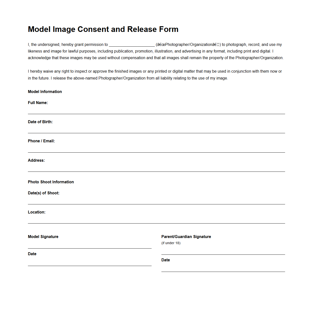 Model Image Consent and Release Form