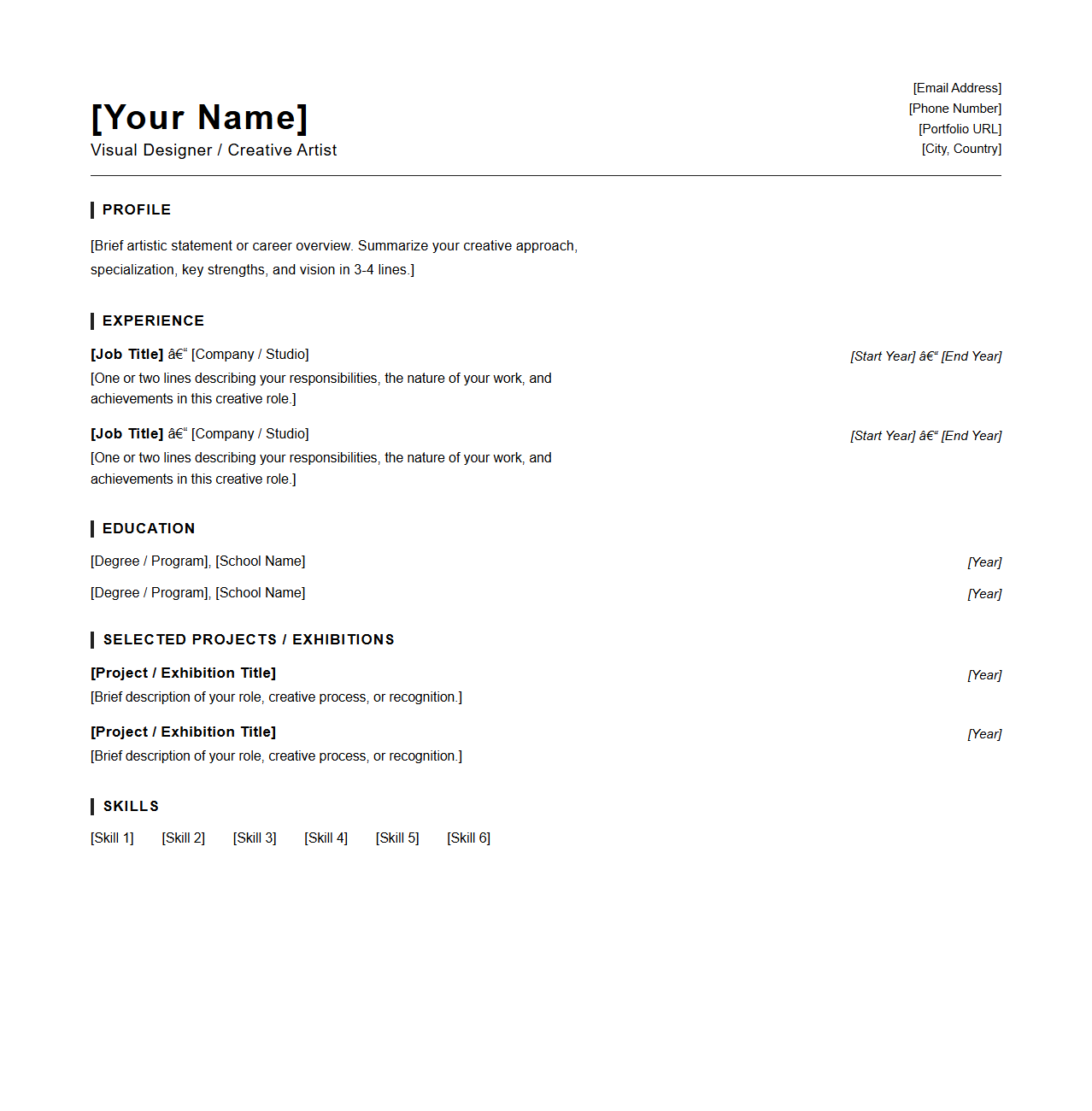 Modern Artistic Resume Outline for Visual Roles