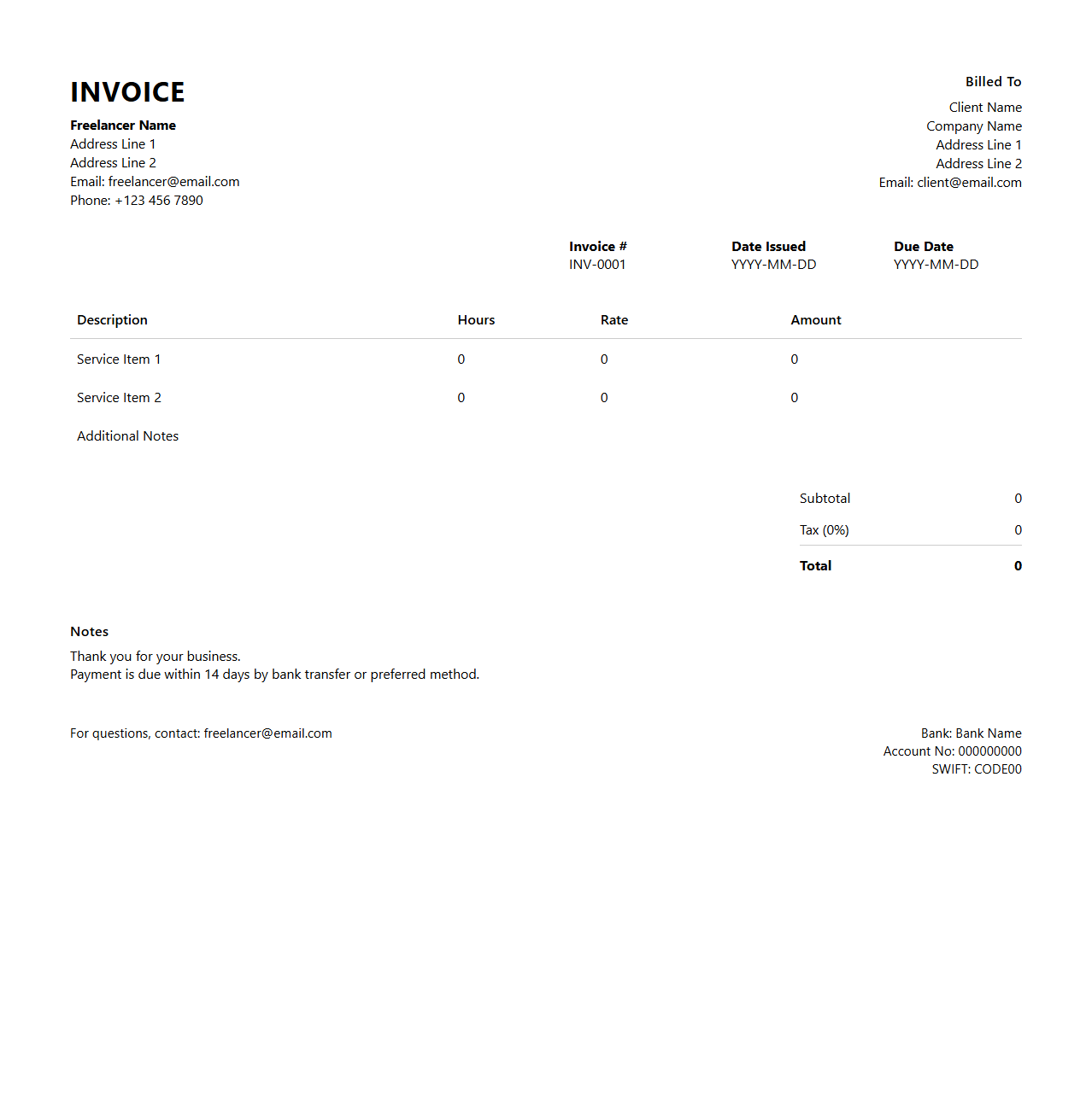 Modern Service Invoice Outline for Freelancers