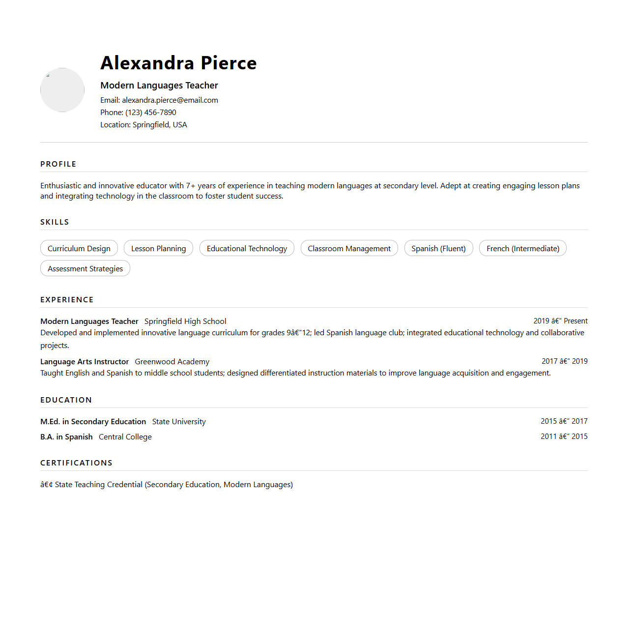 Modern Teacher CV Layout