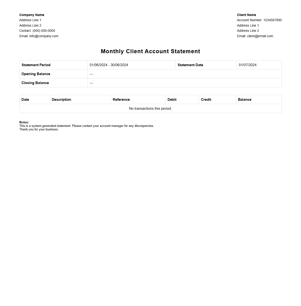 Monthly Client Account Statement Format