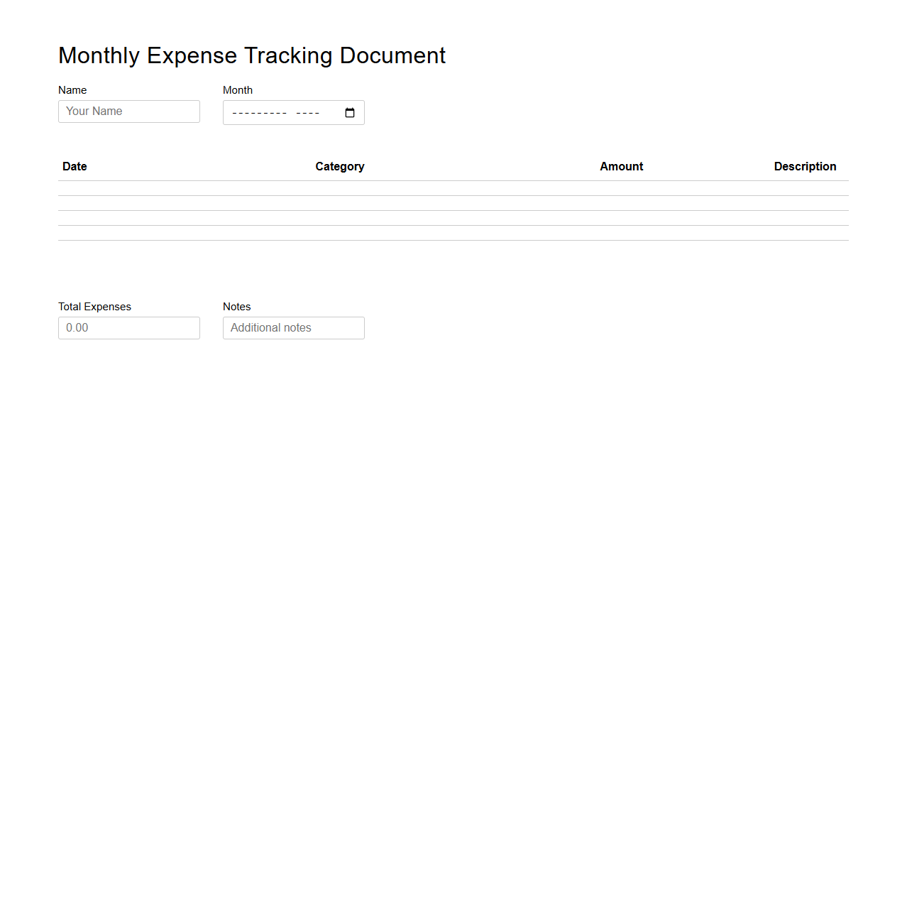 Monthly Expense Tracking Document