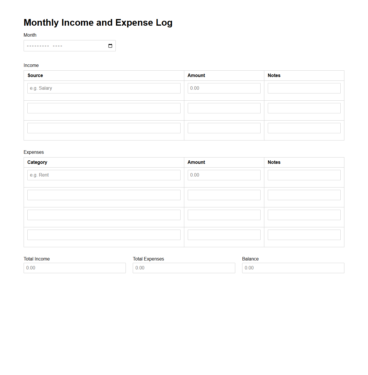 Monthly Income and Expense Log