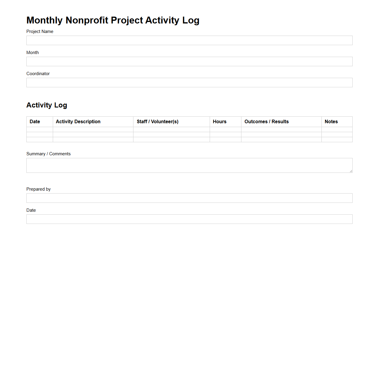 Monthly Nonprofit Project Activity Log Template