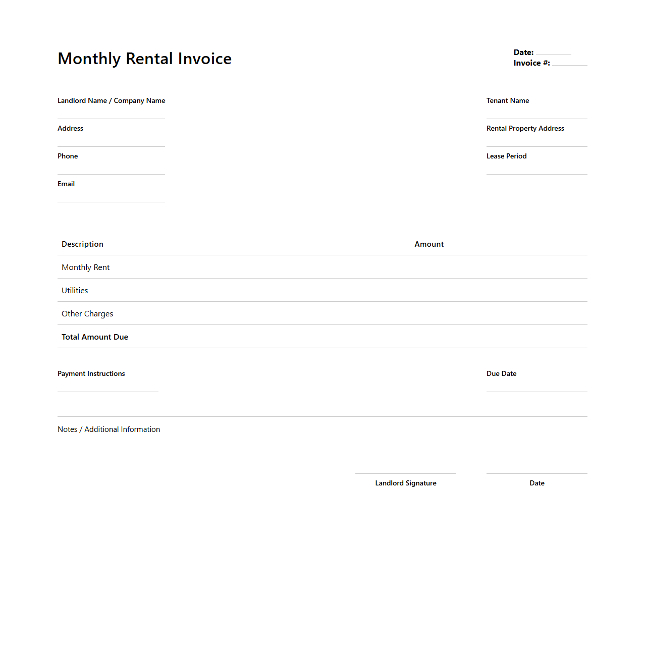 Monthly Rental Invoice Template for Landlords