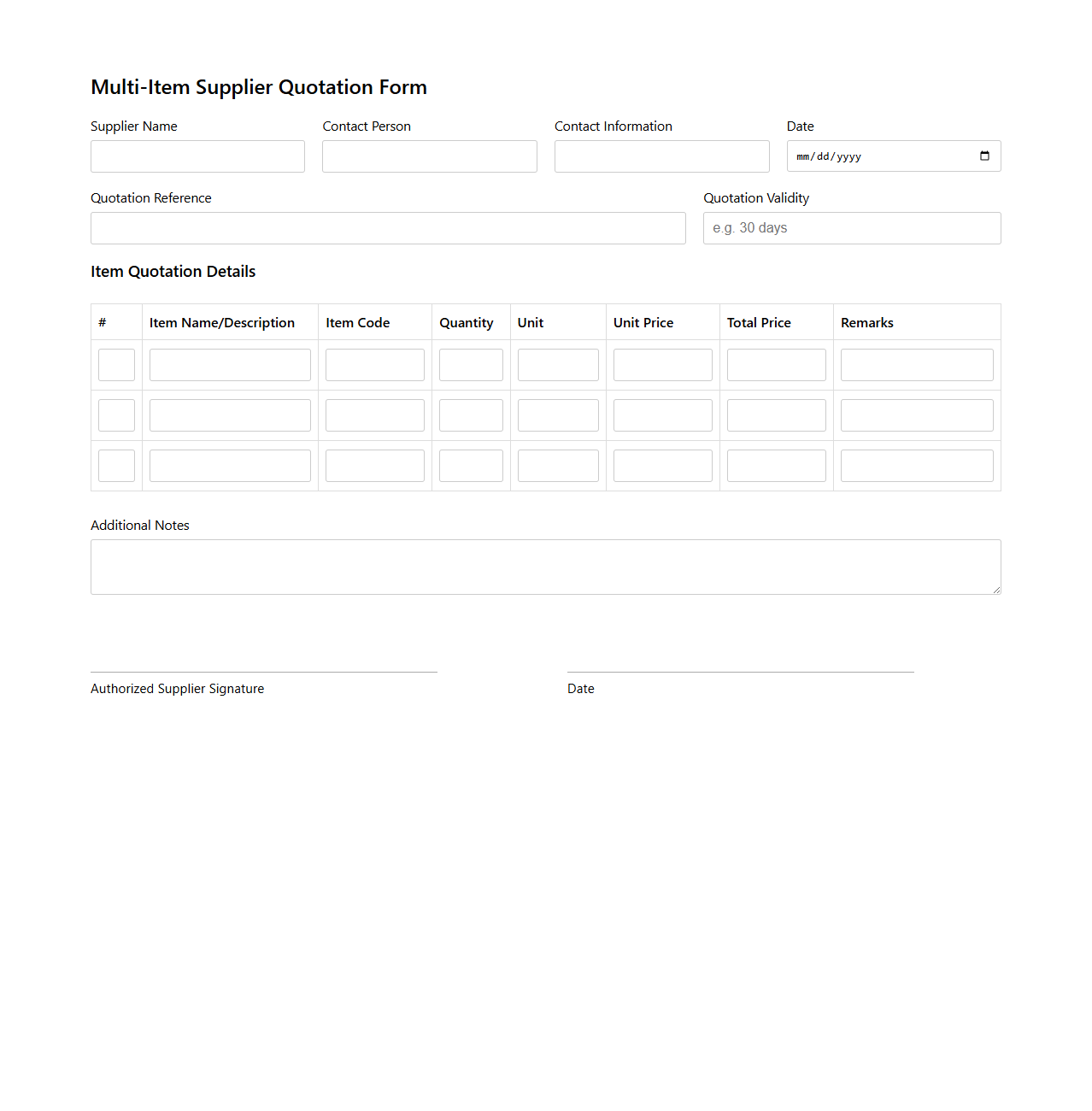 Multi-Item Supplier Quotation Form