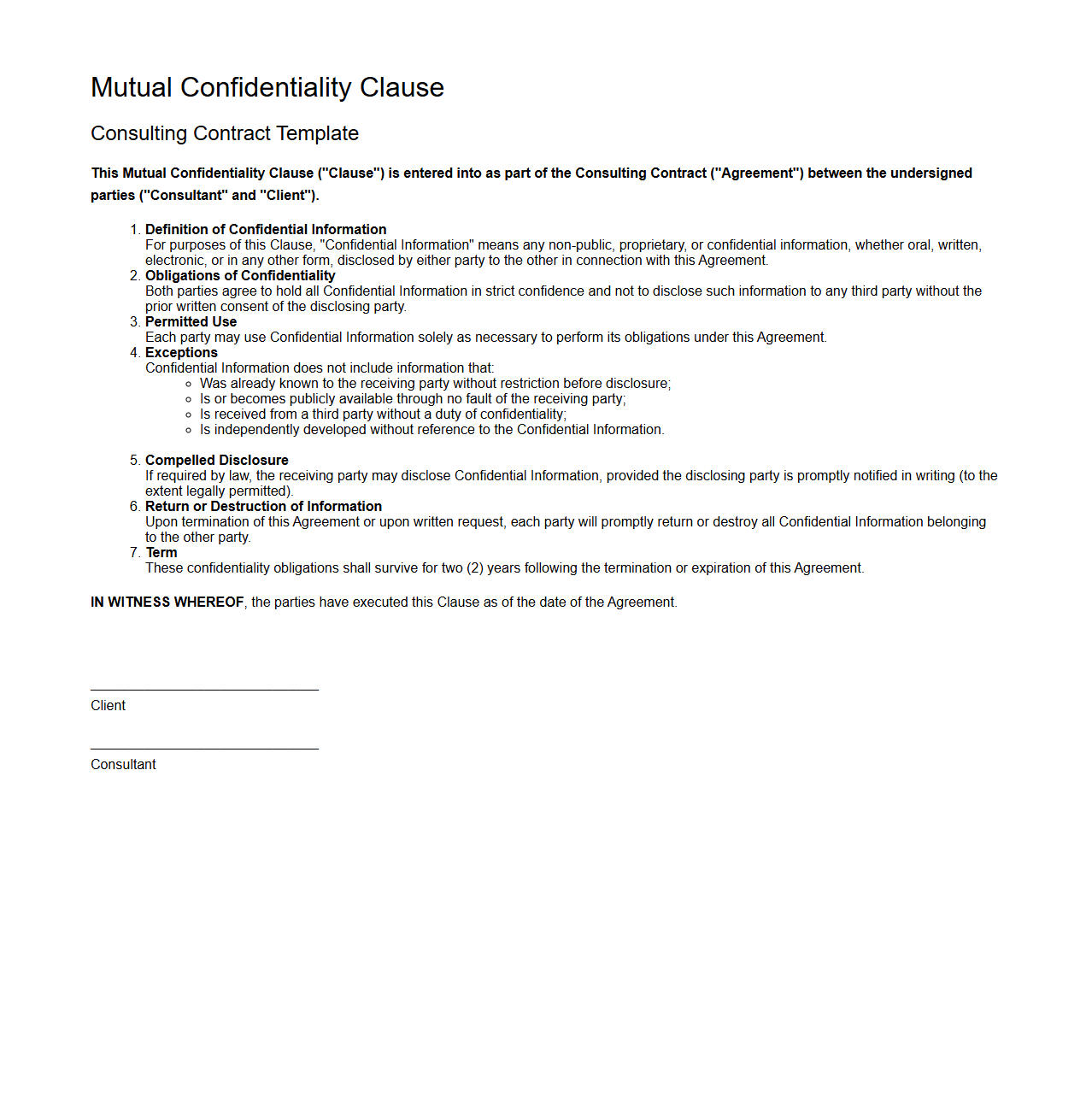 Mutual Confidentiality Clause Consulting Contract Template