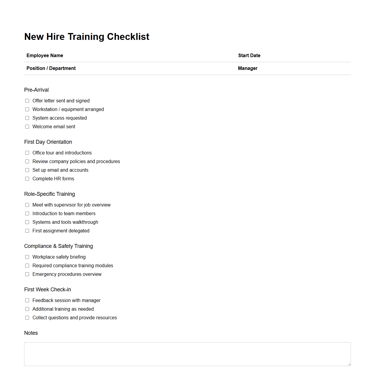 New Hire Training Checklist Template