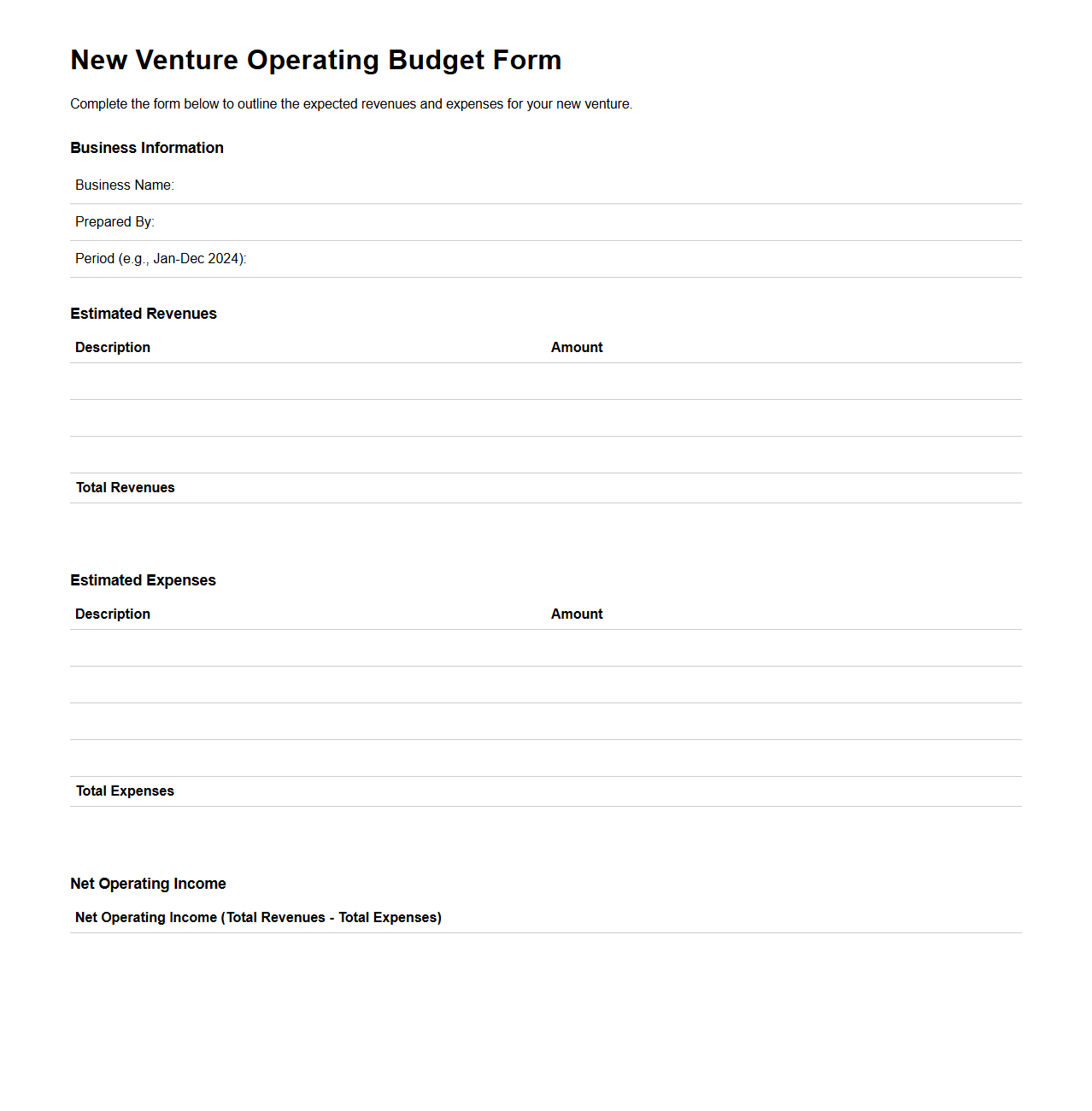 New Venture Operating Budget Form