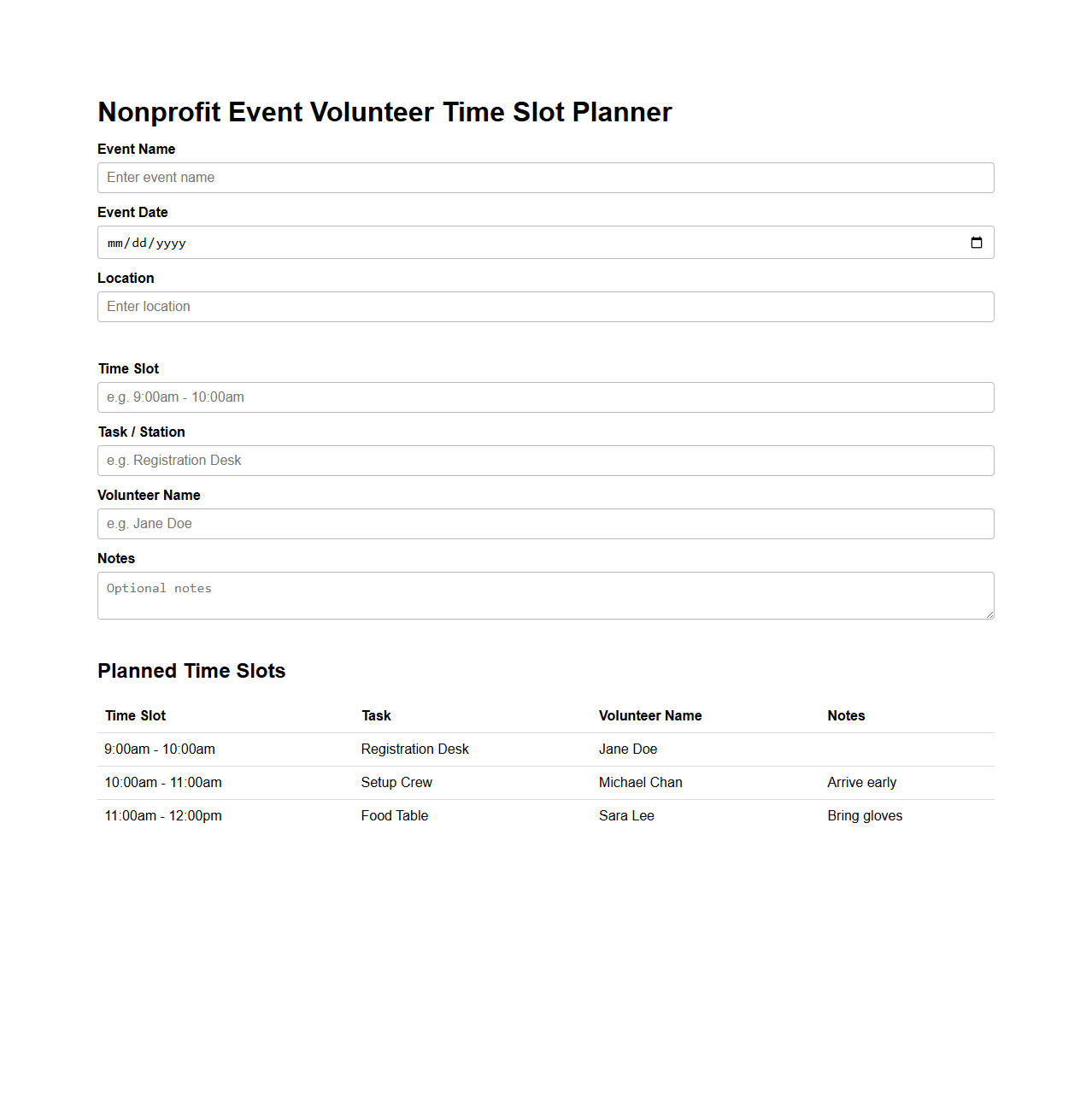 Nonprofit Event Volunteer Time Slot Planner
