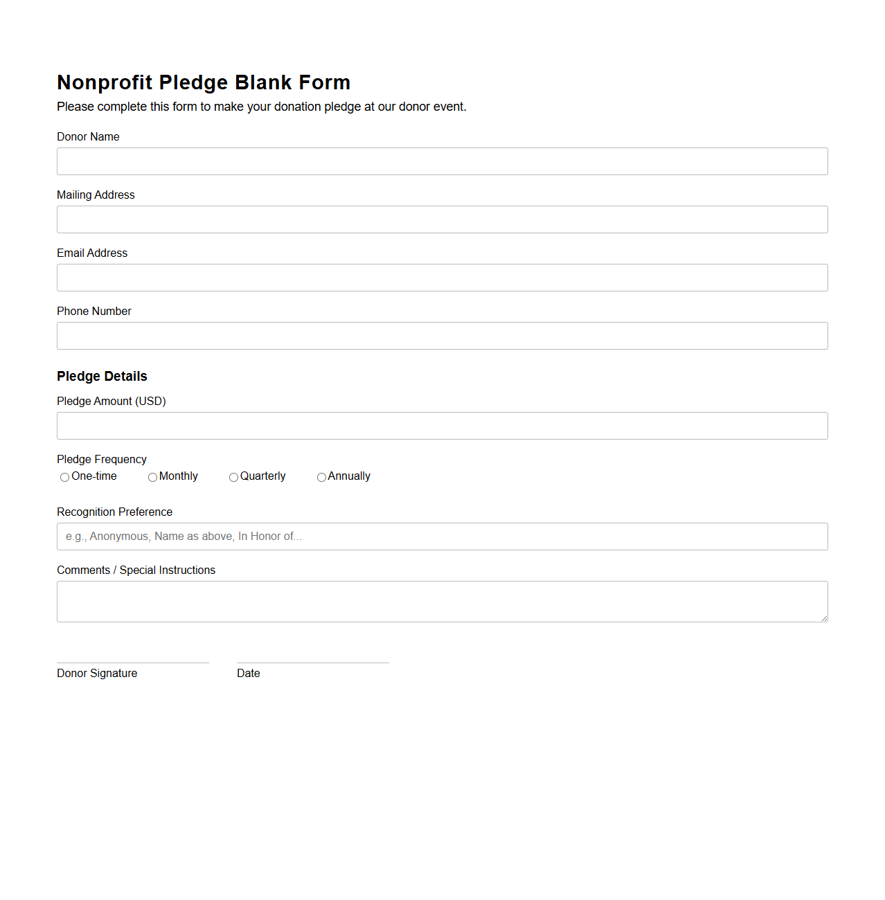 Nonprofit Pledge Blank Form for Donor Events