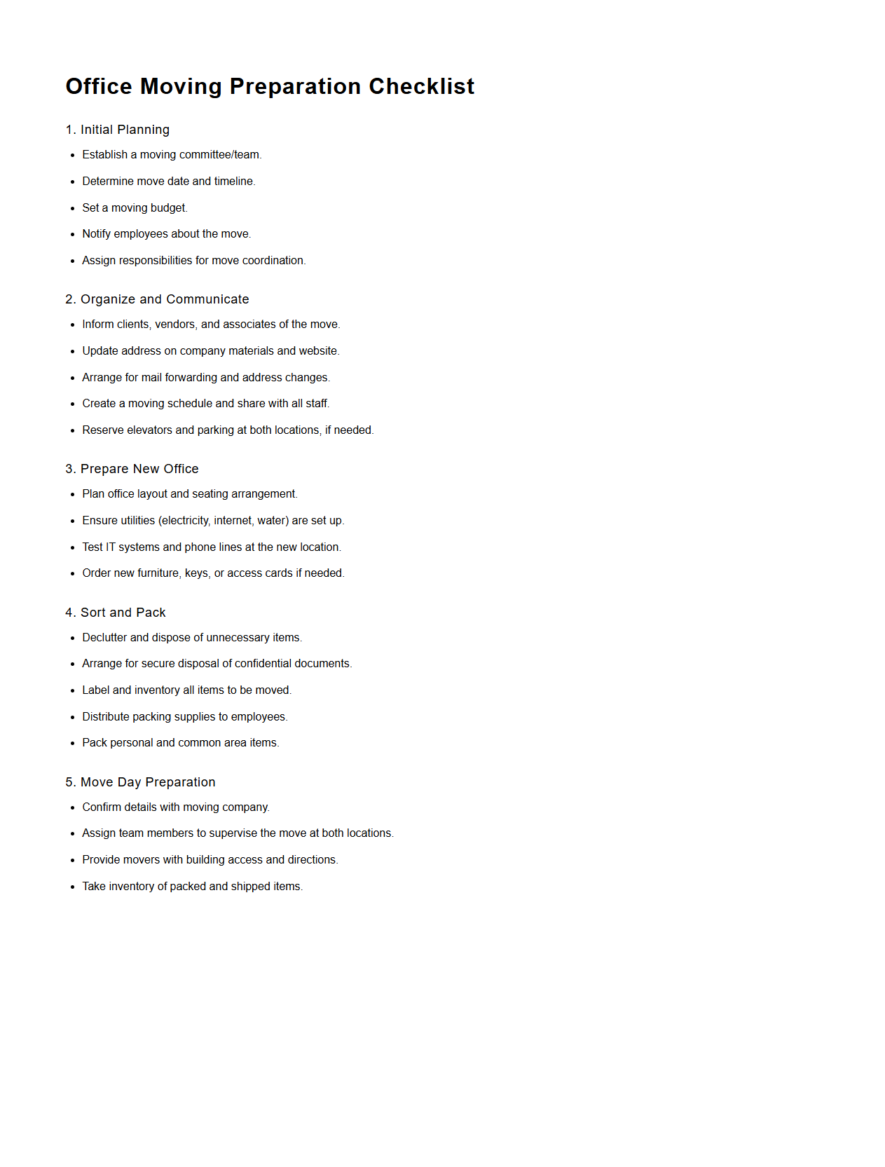 Office Moving Preparation Checklist