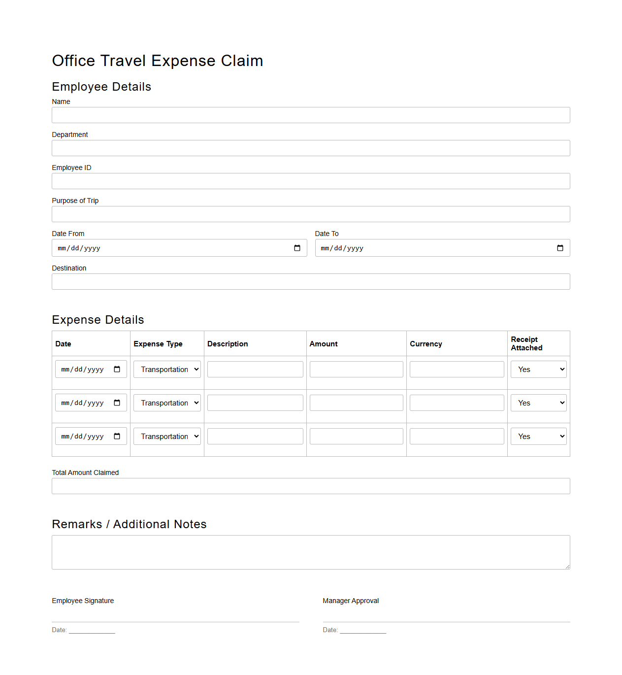 Office Travel Expense Claim Template