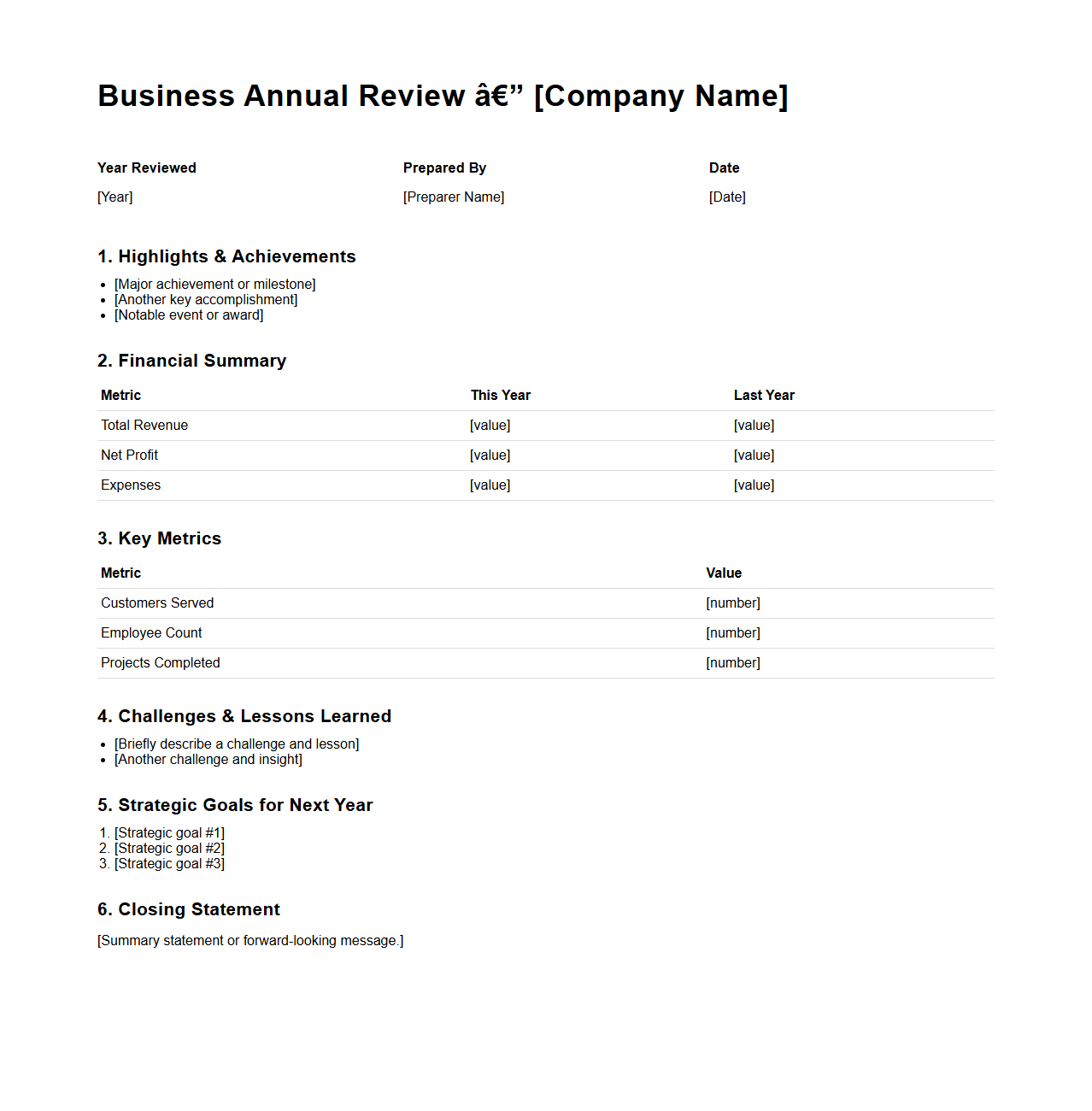 One-Page Business Annual Review Format
