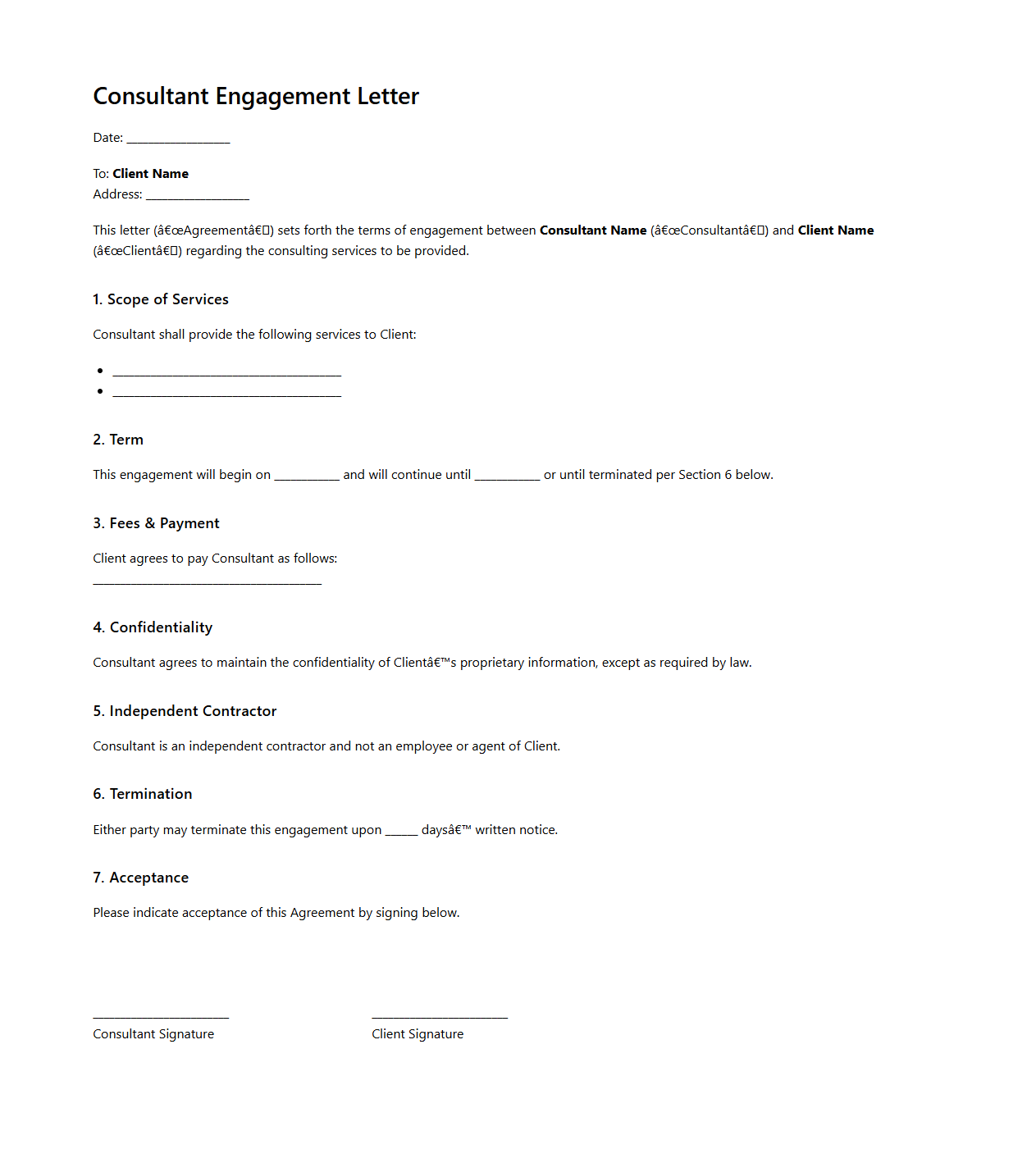 One-Page Consultant Engagement Letter Template