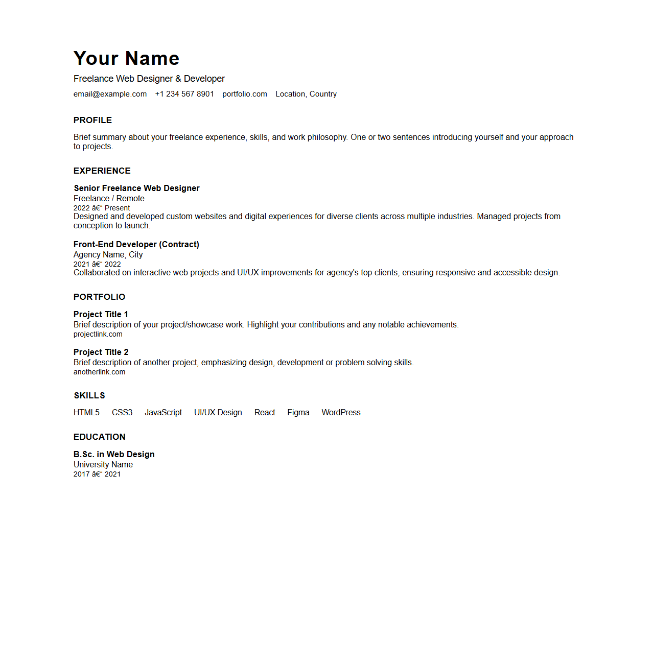 One-Page Freelance Experience Resume Template for Portfolio Showcase