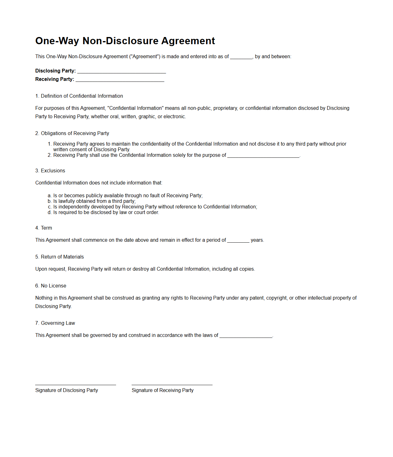 One-Way Non-Disclosure Agreement Sample