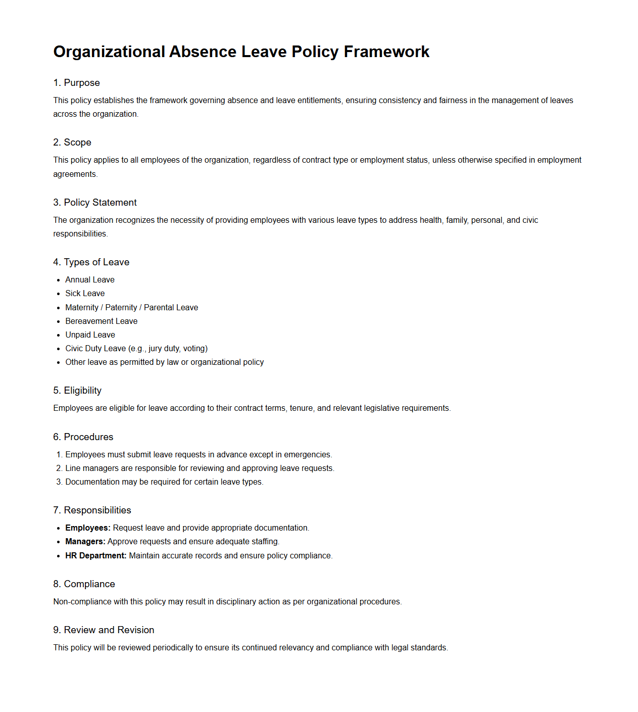 Organizational Absence Leave Policy Framework