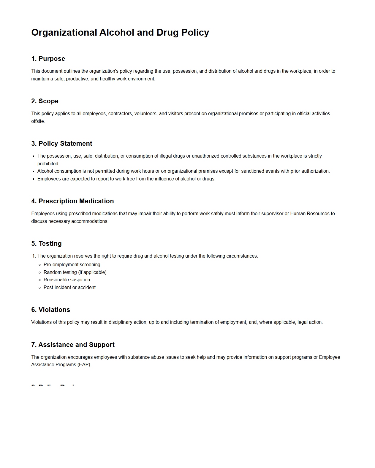 Organizational Alcohol and Drug Policy Document