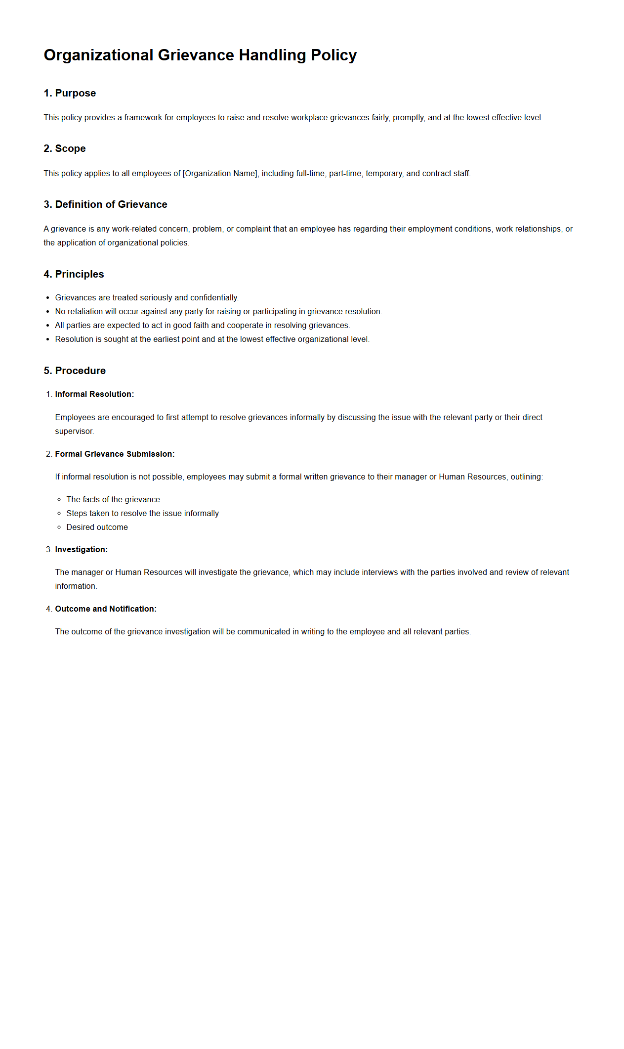 Organizational Grievance Handling Policy Sample