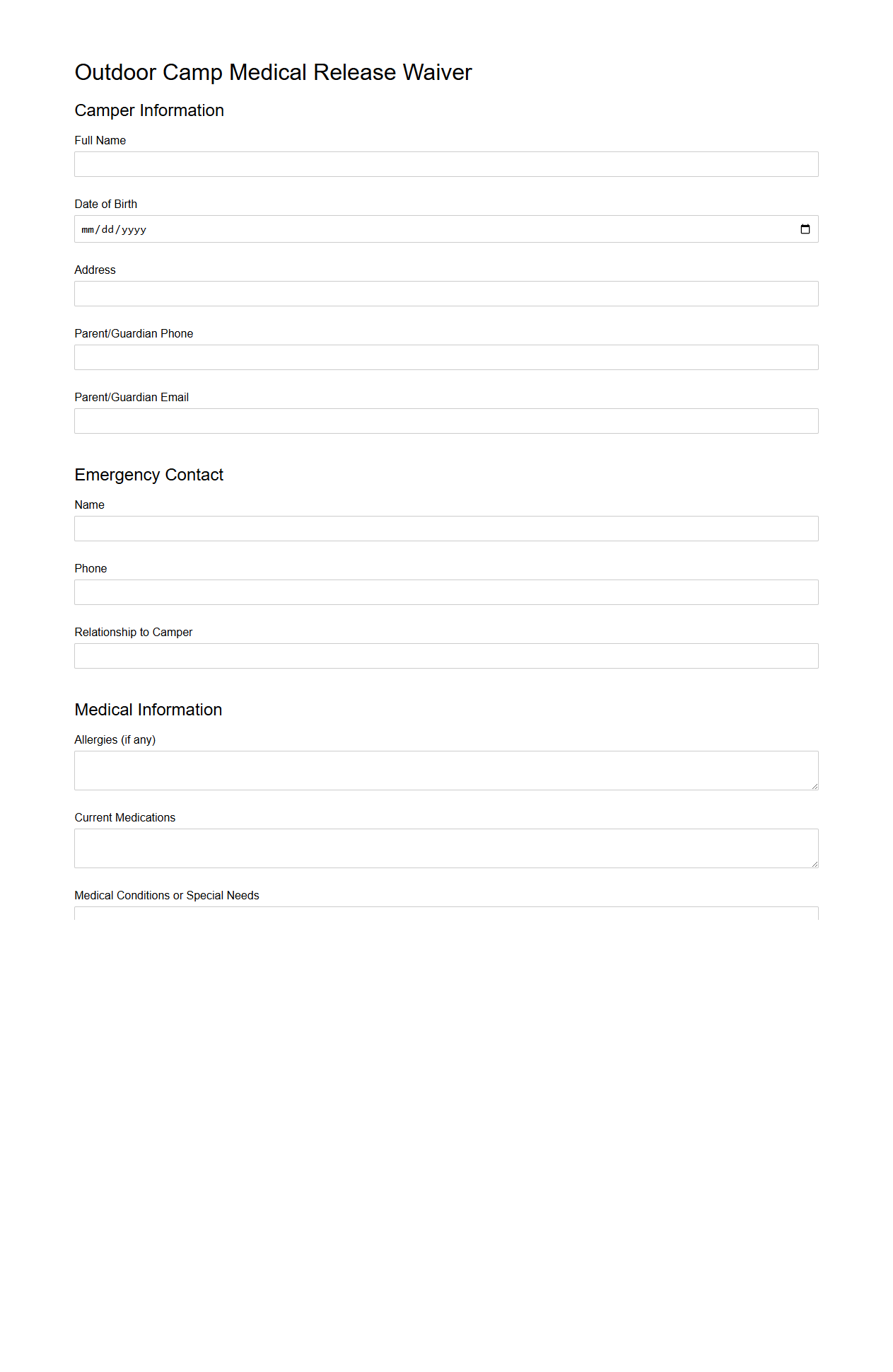 Outdoor Camp Medical Release Waiver