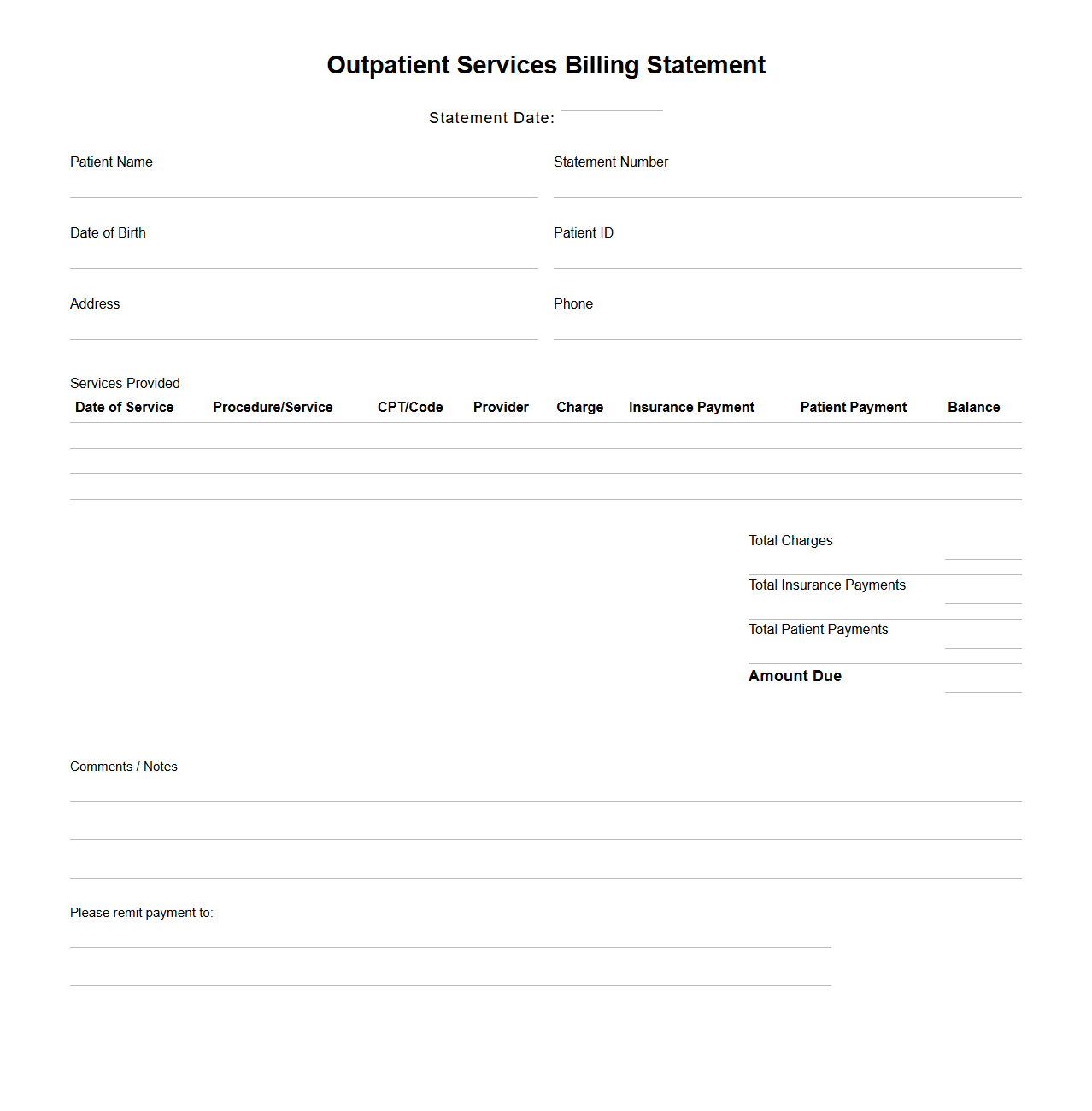 Outpatient Services Blank Billing Statement