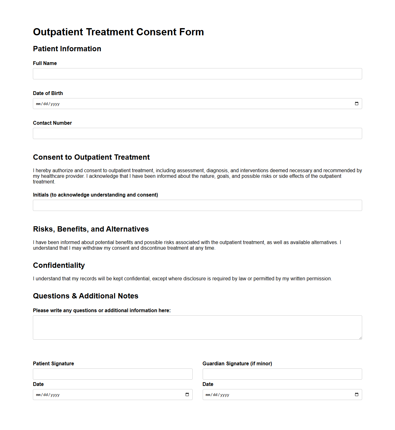 Outpatient Treatment Consent Form Template