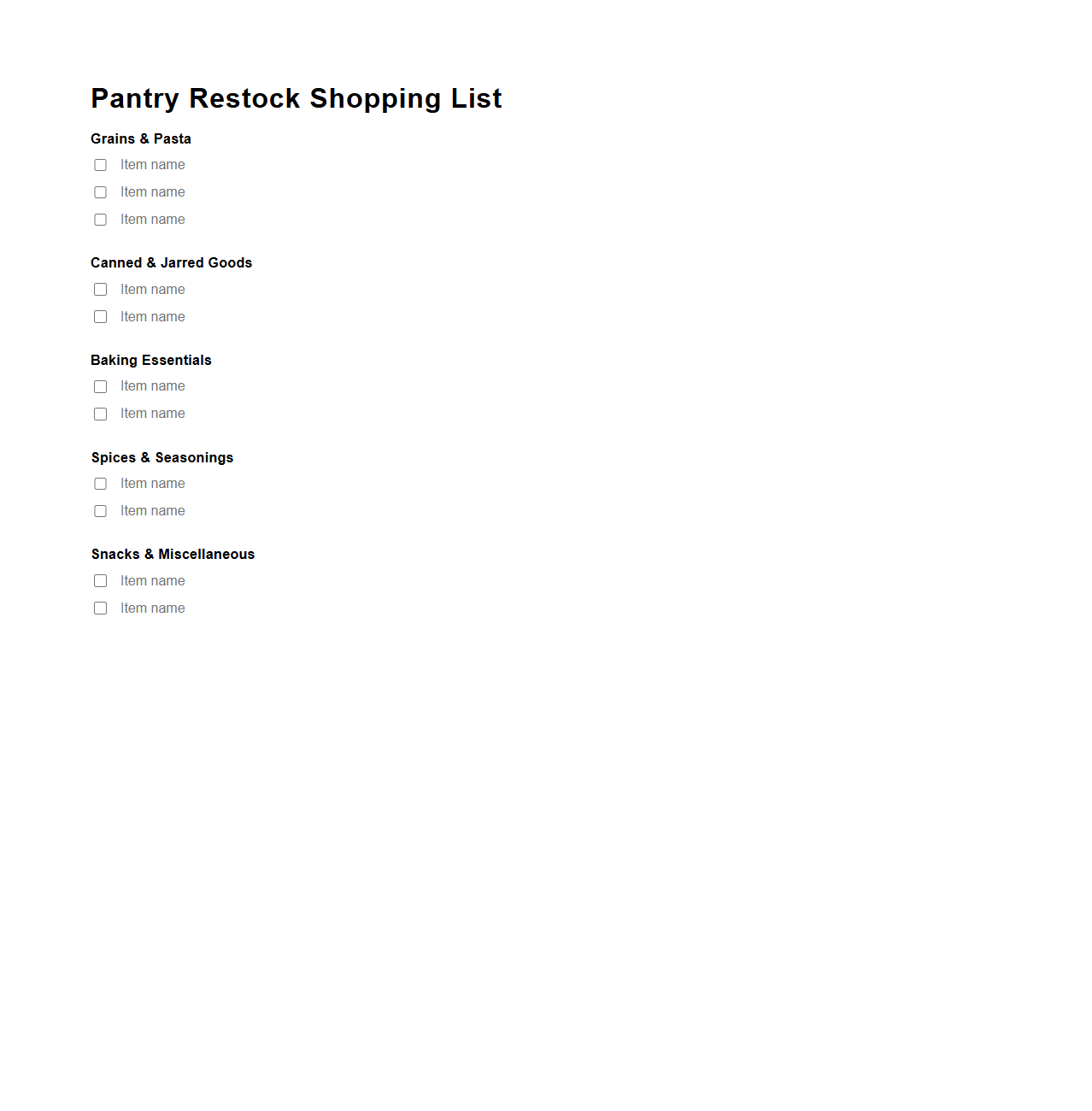 Pantry Restock Shopping List