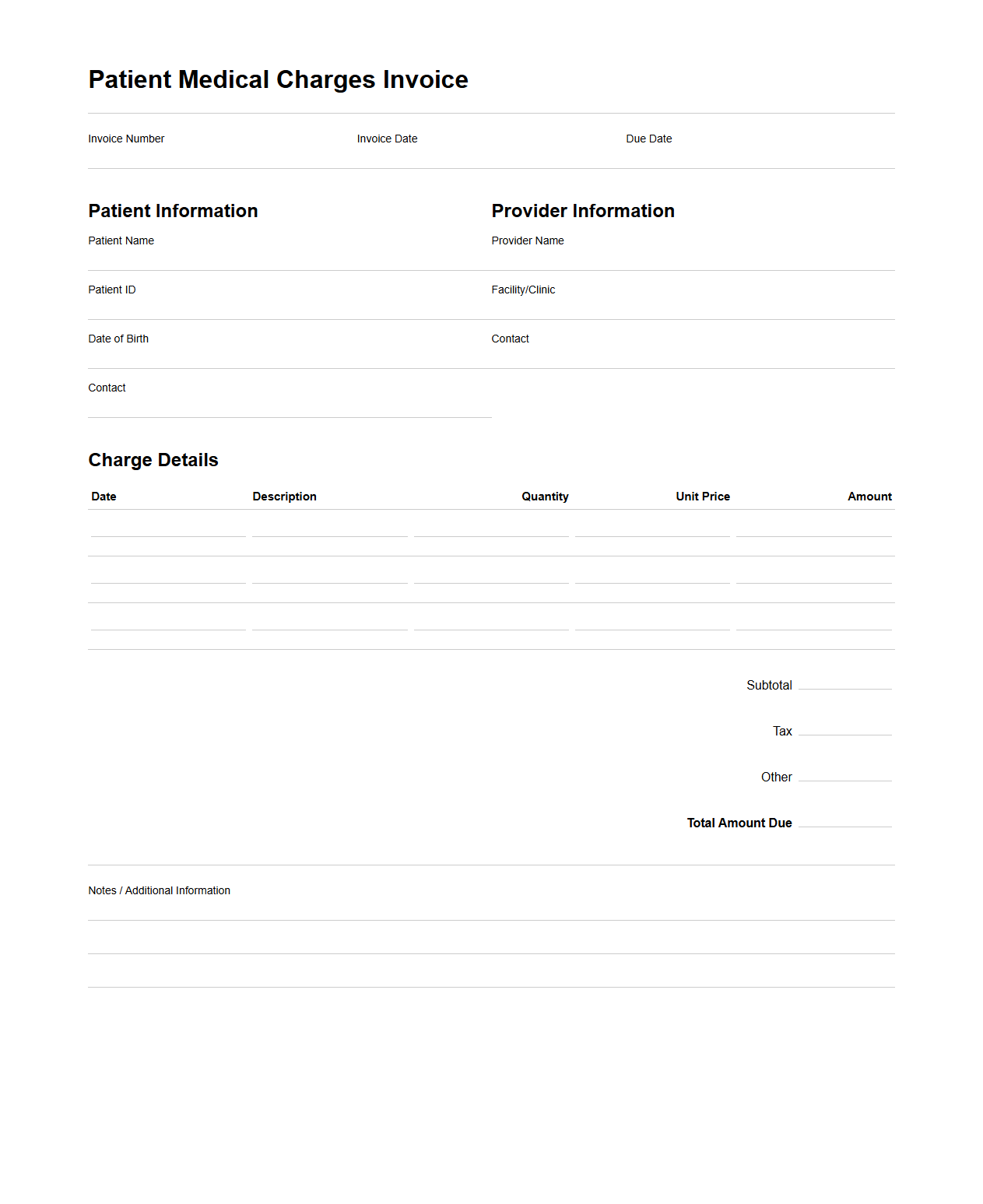 Patient Medical Charges Blank Invoice
