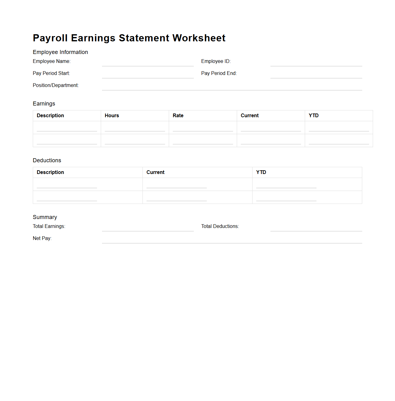 Payroll Earnings Statement Worksheet