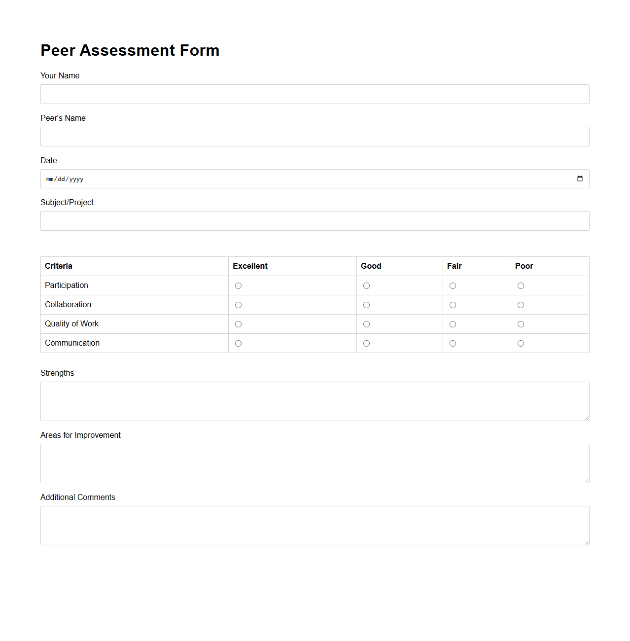 Peer Assessment Form for Classroom Use