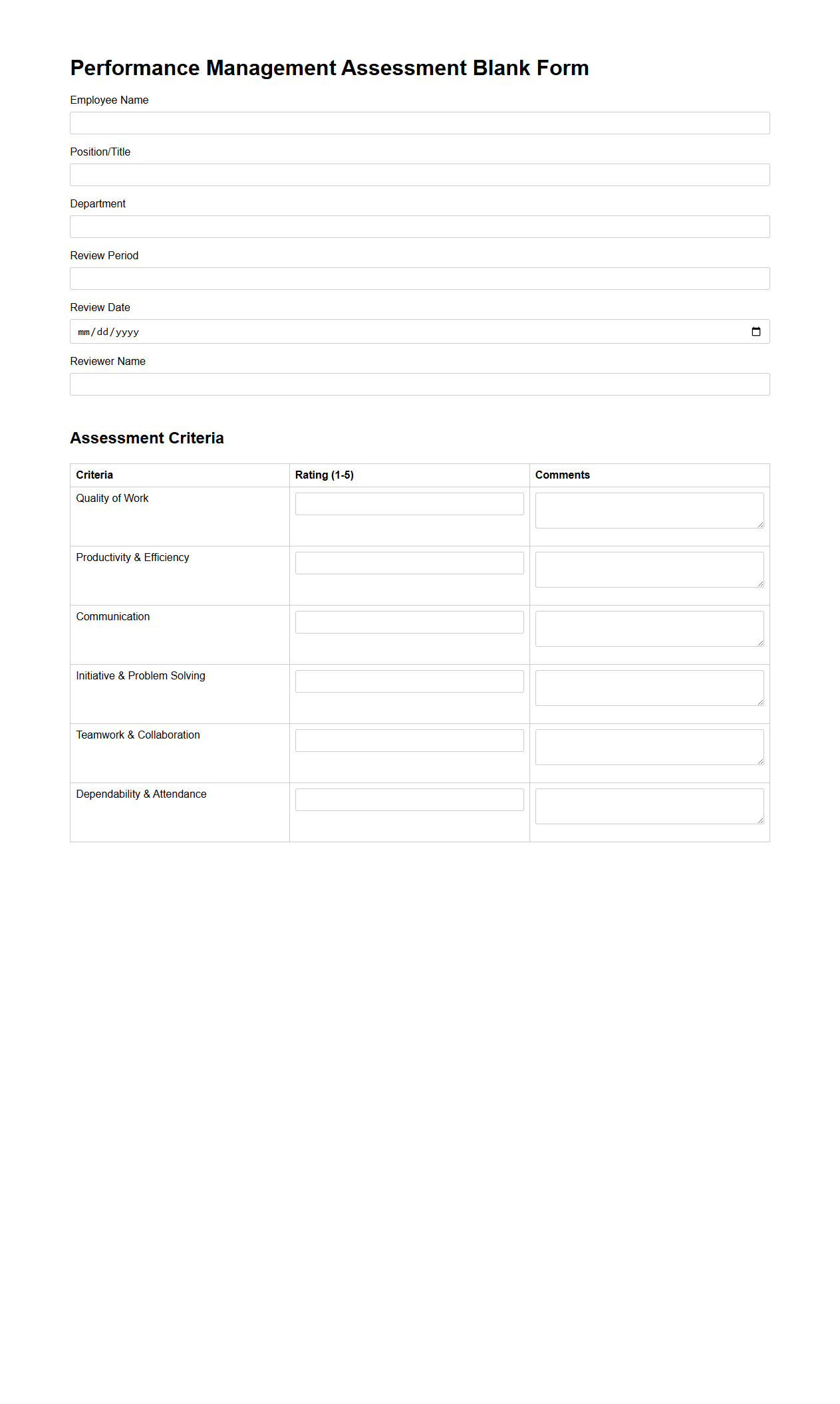 Performance Management Assessment Blank Form