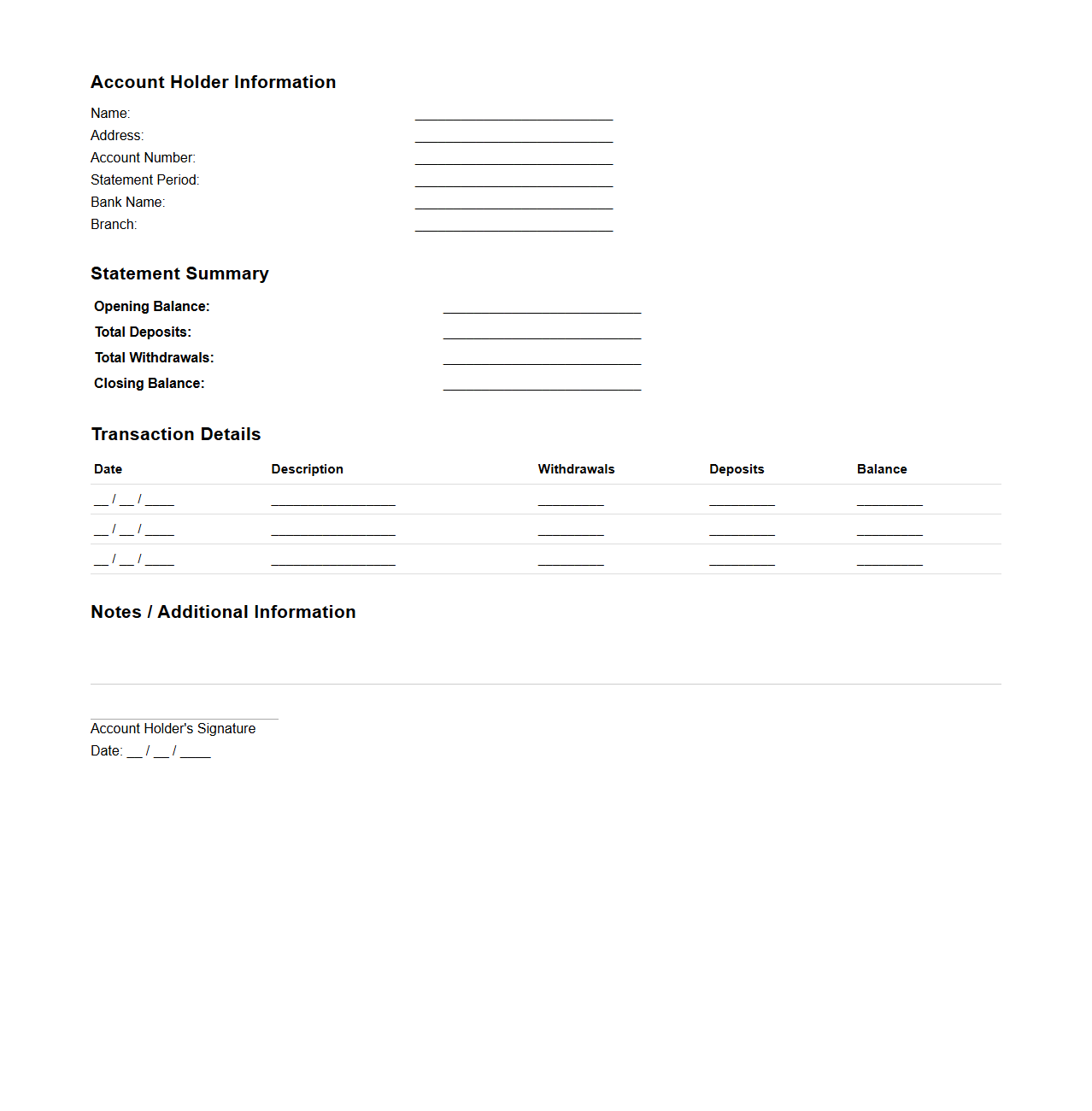 Personal Bank Statement Outline