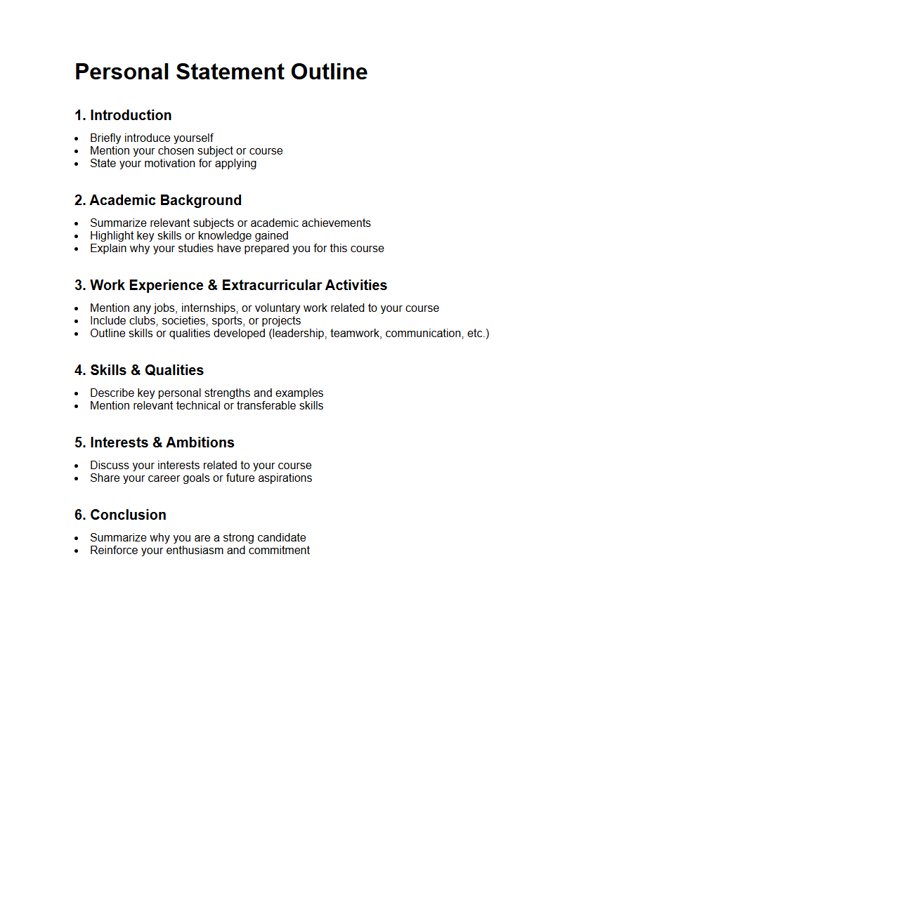 Personal Statement Outline for University Applications