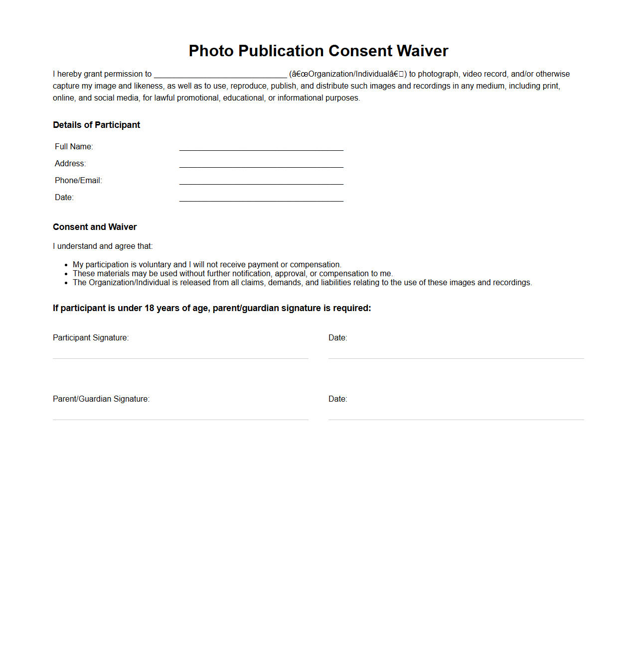 Photo Publication Consent Waiver Template