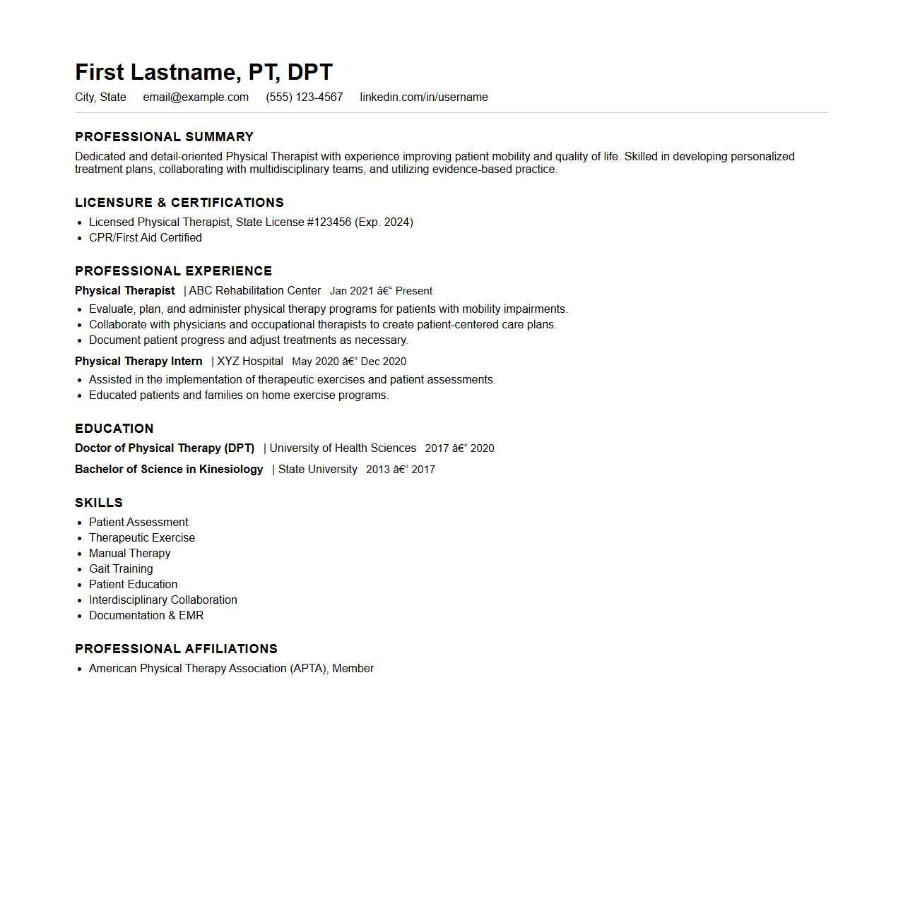 Physical Therapist Resume Template Layout