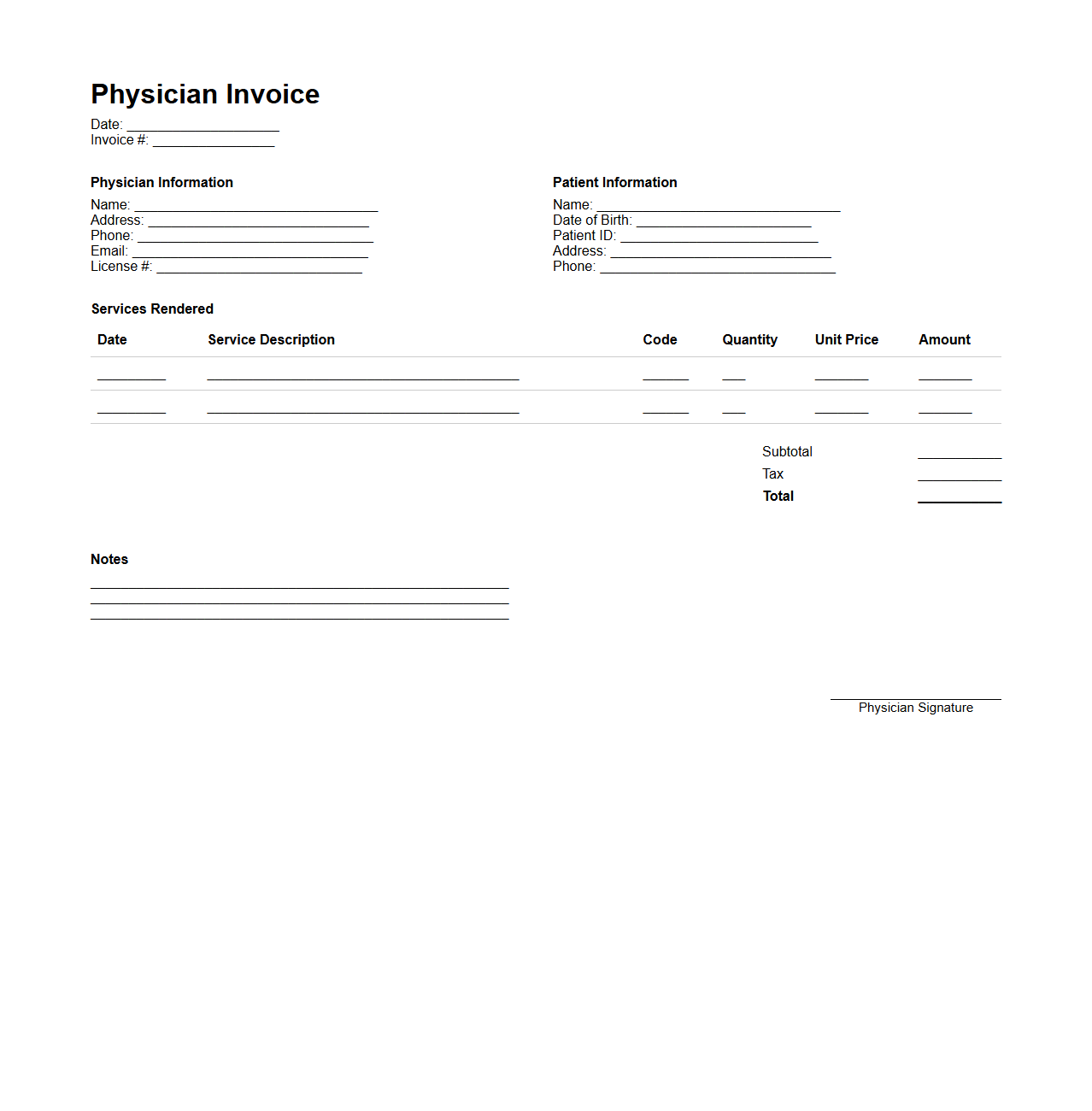 Physician Invoice Template