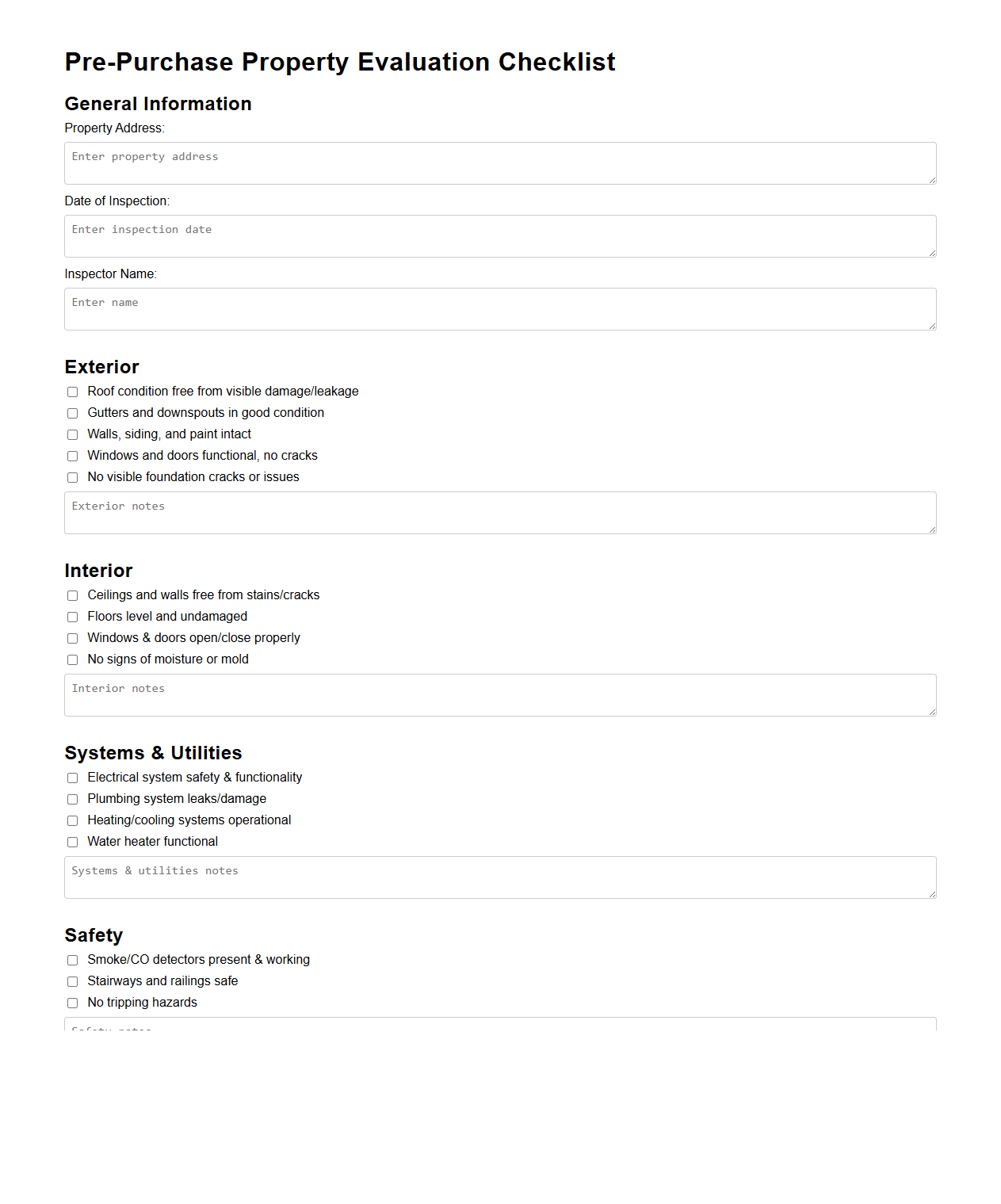 Pre-Purchase Property Evaluation Checklist