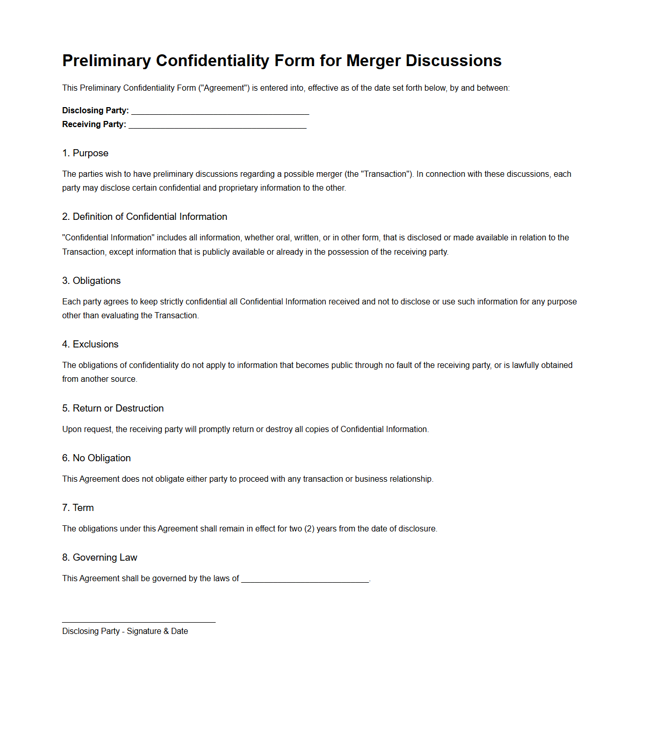 Preliminary Confidentiality Form for Merger Discussions