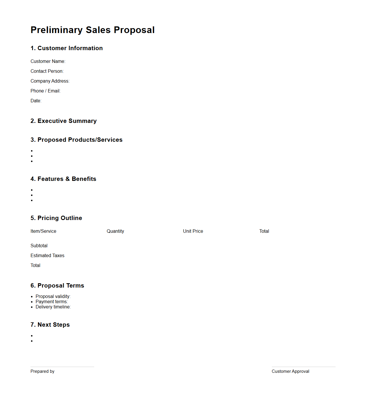 Preliminary Sales Proposal Layout for Target Customers