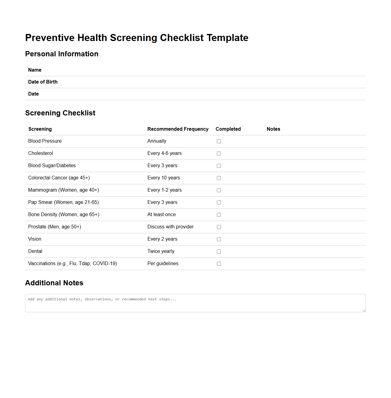 Preventive Health Screening Checklist Template