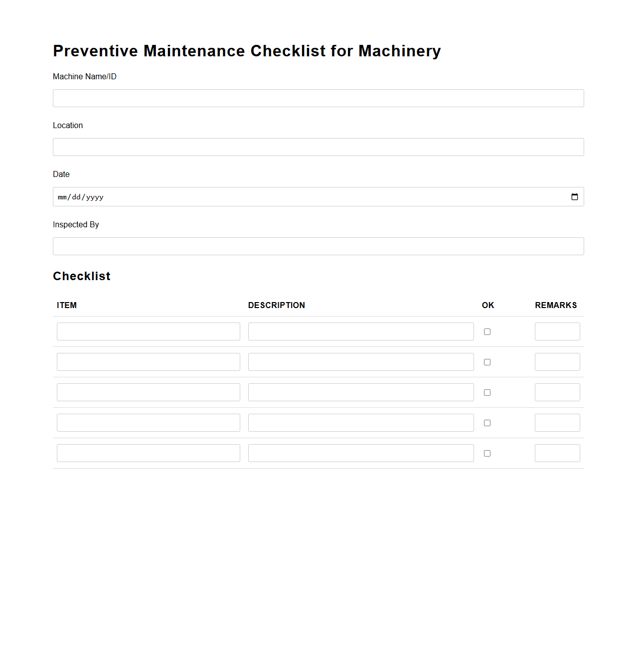 Preventive Maintenance Checklist for Machinery