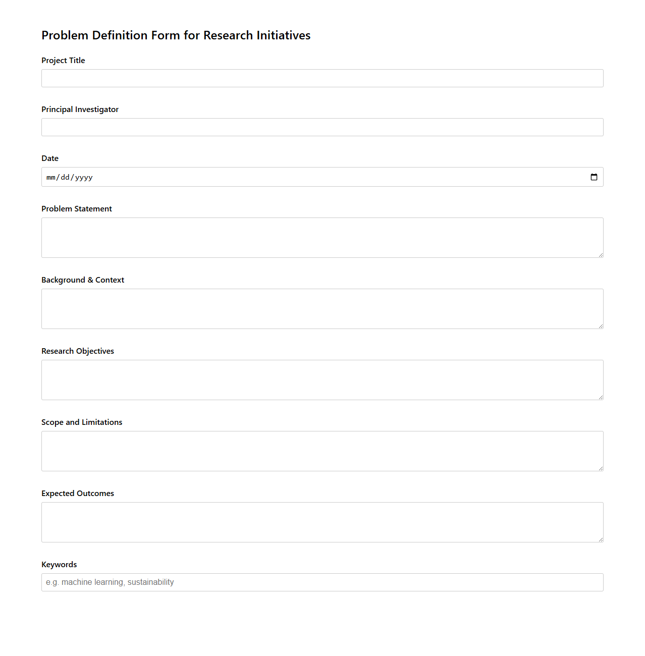 Problem Definition Form for Research Initiatives