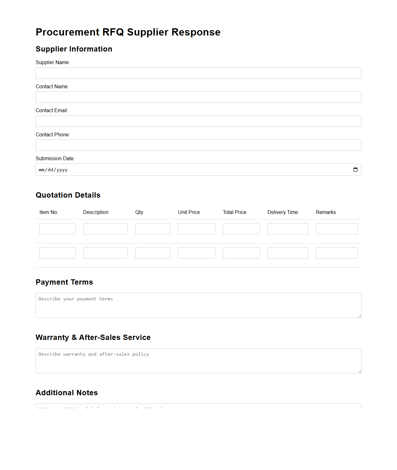 Procurement RFQ Supplier Response Template