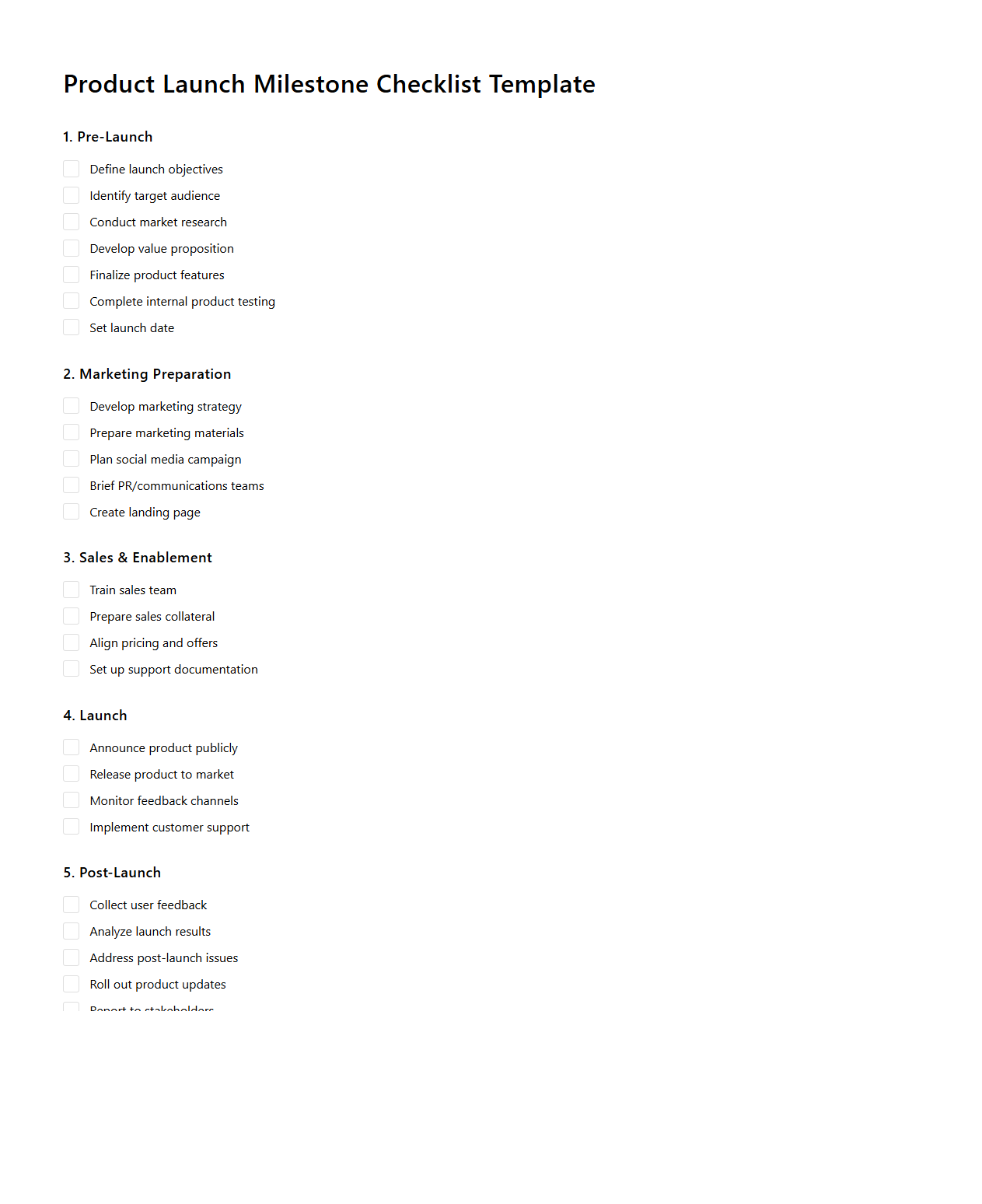 Product Launch Milestone Checklist Template